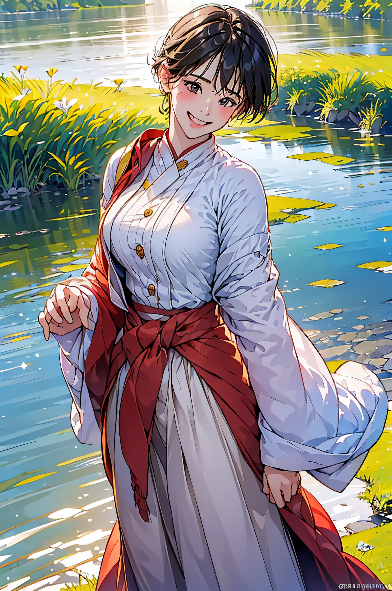 (in 8K、top-quality、masterpiece:1.2)、1人の女性、(Smiling smile:1.1)、beautidful eyes、Valley、The upper part of the body、shorth hair、Like a boy、Colossal tits、red view、