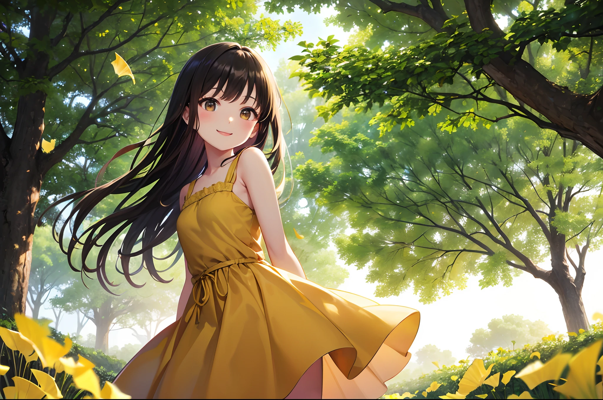 Rows of yellow ginkgo trees Gingko leaves flutter in the wind(a picture) beautiful Girl Light blue long hair、Twin-tailed、adorable smiling、Long yellow and brown dress swaying in the wind、Bigger in the center、Master Pieces、Looking at the camera、face lights