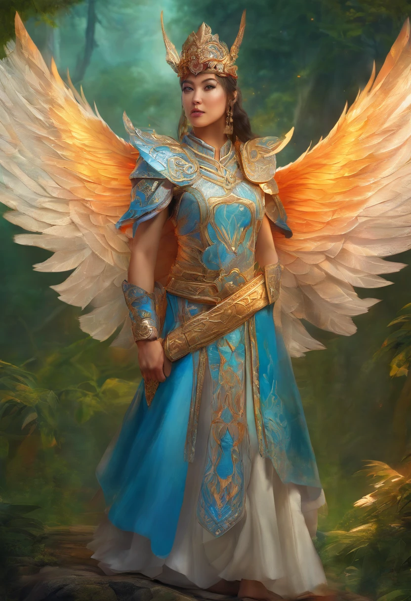 asian warrior ghenghiz khan Beautiful Male Asian Man with Blue and Orange Details, Large Wings, Forest in the Background, Vibrant Colors, Full Body, Detailed Face, Detailed Hands, Detailed Legs, Detailed Fingers, Detailed Hair, Detailed Eyes, Detailed Skin, Lush Vegetation Blurred Background, Vibrant Colors, Lush Light, Soft Light, Sunset Light, Smooth Light, Symmetrical, Full Body, Reflections, HDR Dynamic Lighting, 8K Resolution, cinematic film, smooth, sharp focus, realistic, strobe light beams, ((blurred background)):1.7, (((depth of field)) ):1.8, cinestill 800t 35mm, high quality, heavy grain, high detail, cinematic composition, dramatic light, anamorphic, ultra wide lens, hyperrealistic