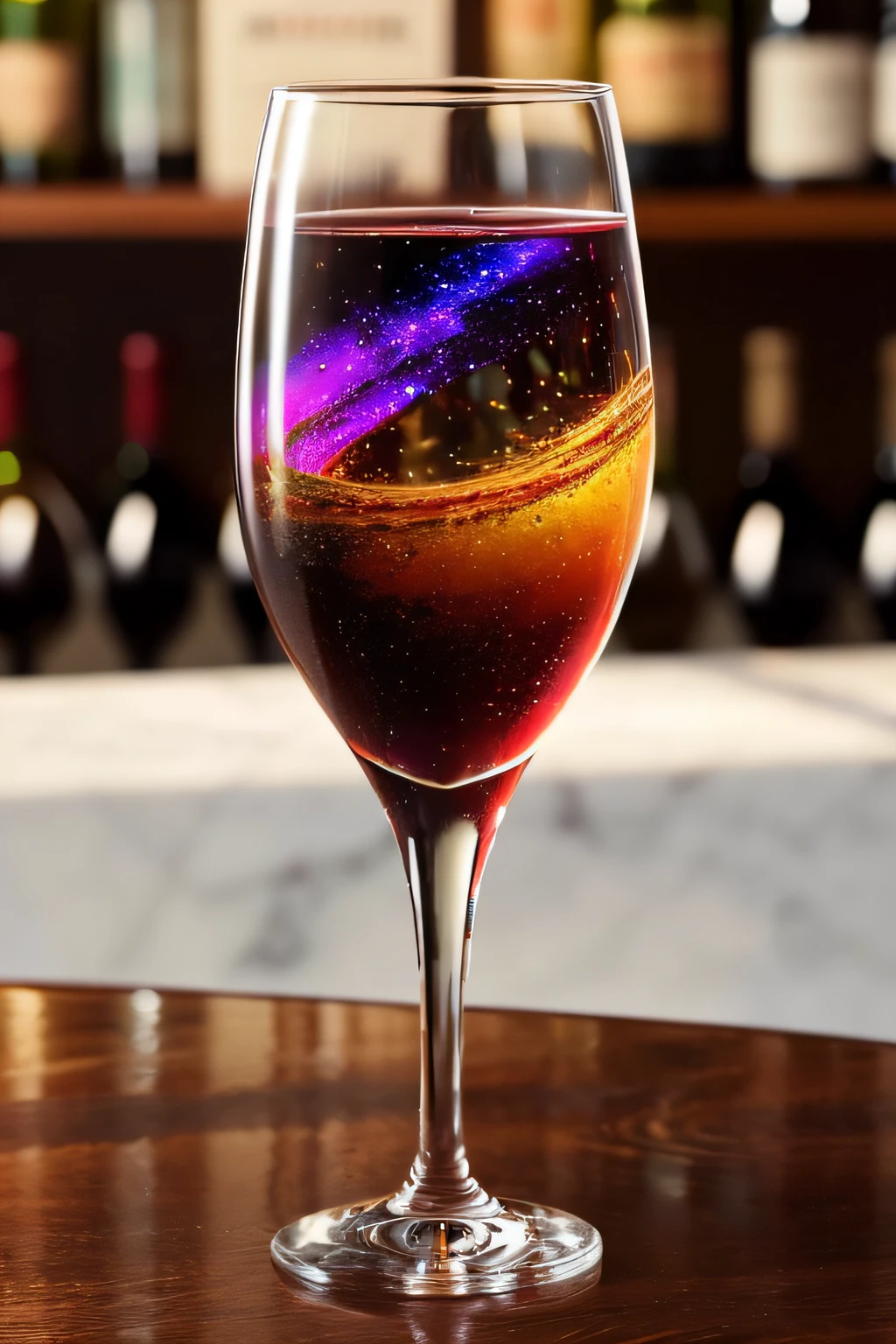 A glass of wine in a beautifully crafted glass, with a galaxy swirl visible in the glass