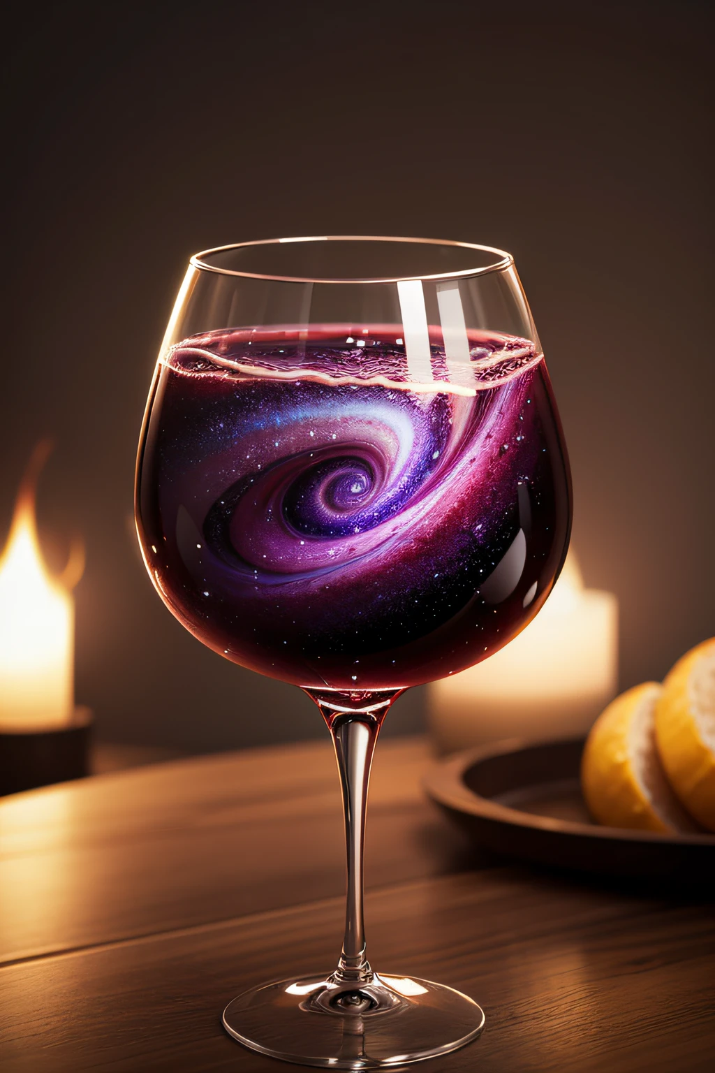 A glass of wine in a beautifully crafted glass, with a galaxy swirl visible in the glass