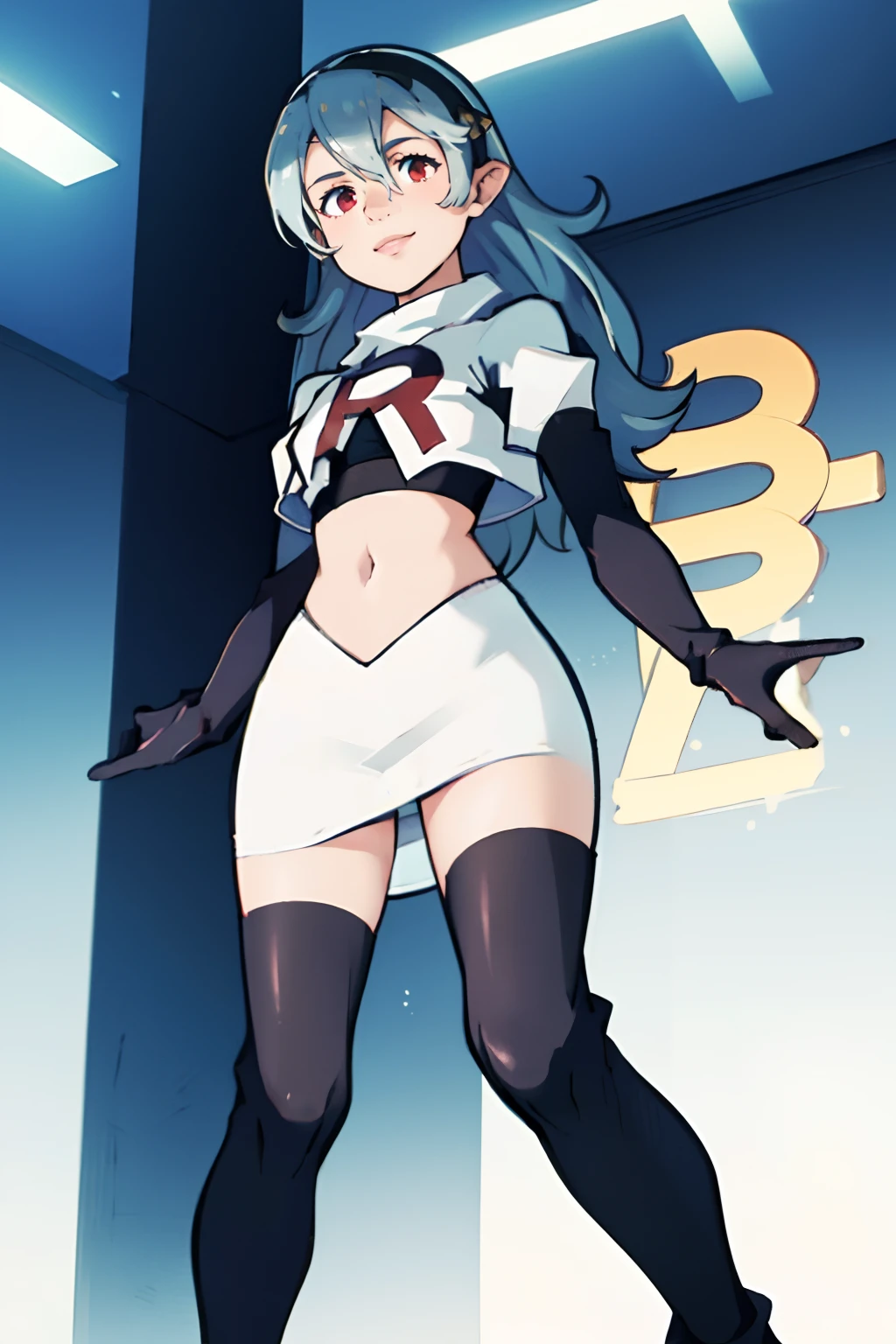 defCorrin,rocket,team rocket uniform, red letter R, white skirt,white crop top,black thigh-highs,black elbow gloves, blue hair, confident smile, looking down at viewer