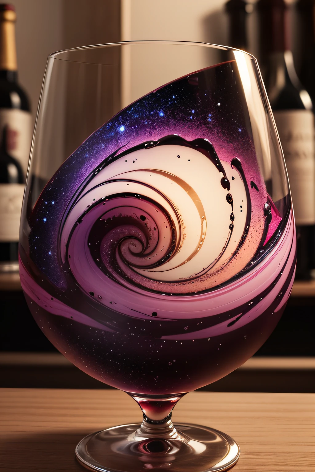 A glass of wine in a beautifully crafted glass, with a galaxy swirl visible in the glass