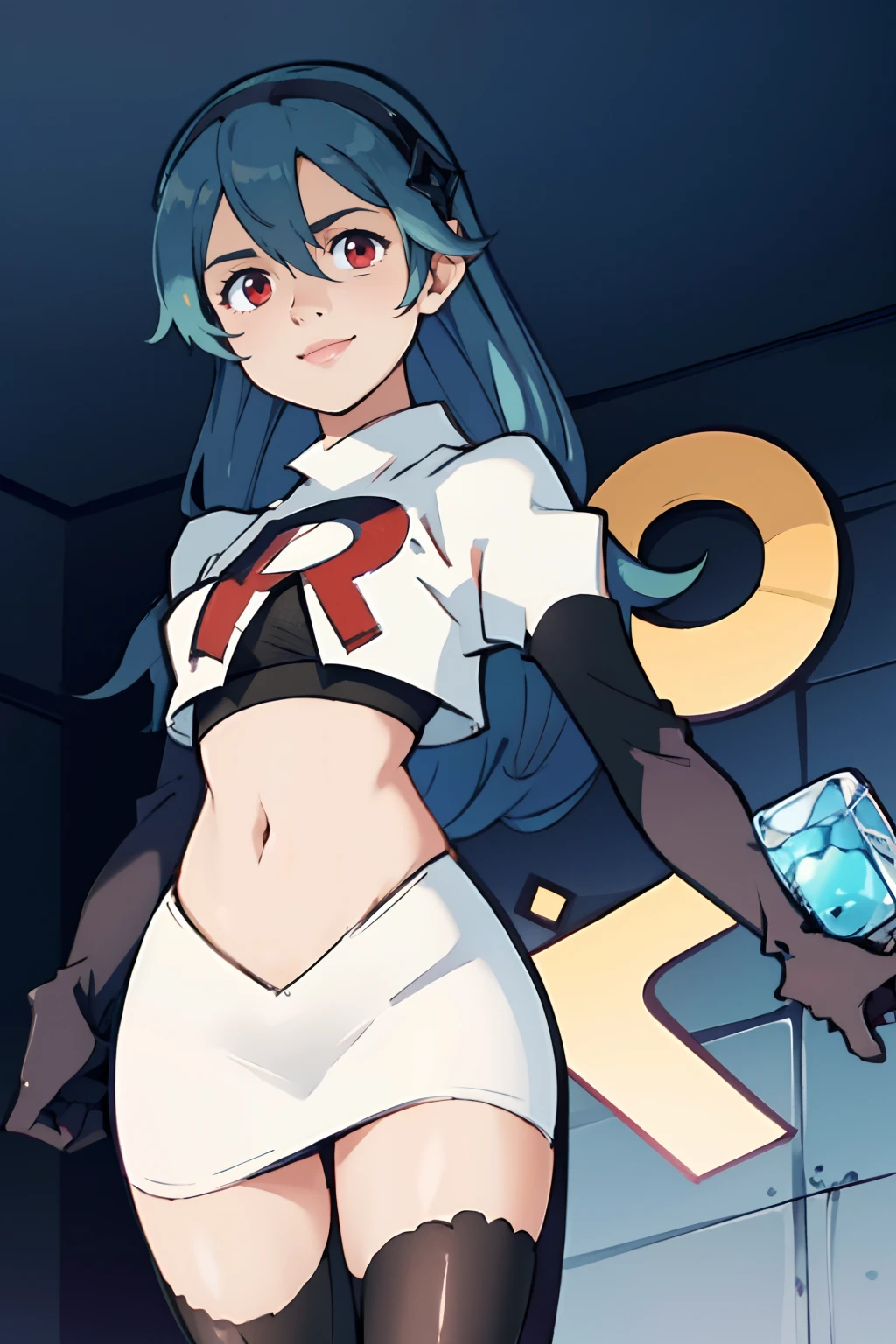 defCorrin,rocket,team rocket uniform, red letter R, white skirt,white crop top,black thigh-highs,black elbow gloves, blue hair, confident smile, looking down at viewer