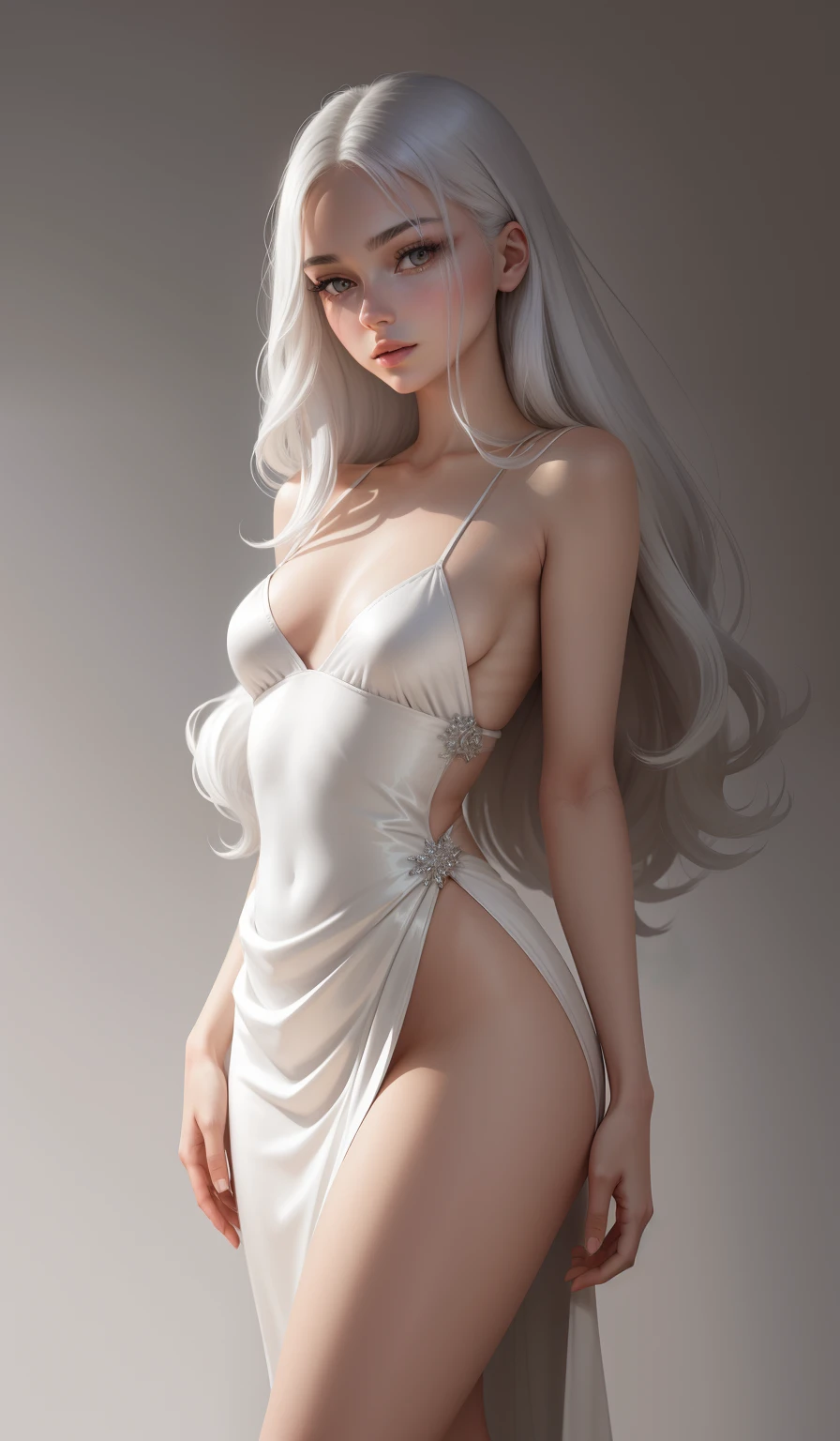 a woman in a long silver solid draped spaghetti dress, silver high heels, diamond hair piece, 17 years old, shoulder length slightly wavy hair, ((white hair)) and gleaming detailed yellow-golden irises, slim frame, medium breasts, long legs, beautiful face, small butt size, small feet size, small hand size, perfect hands, scary face, beautiful face, pretty face, hot woman, British woman, cream skin, small soft pink lips , medium breast size, slim figure, standing pose, soft features, cute girl, perfectly framed face, soft pink lips, glossy lips