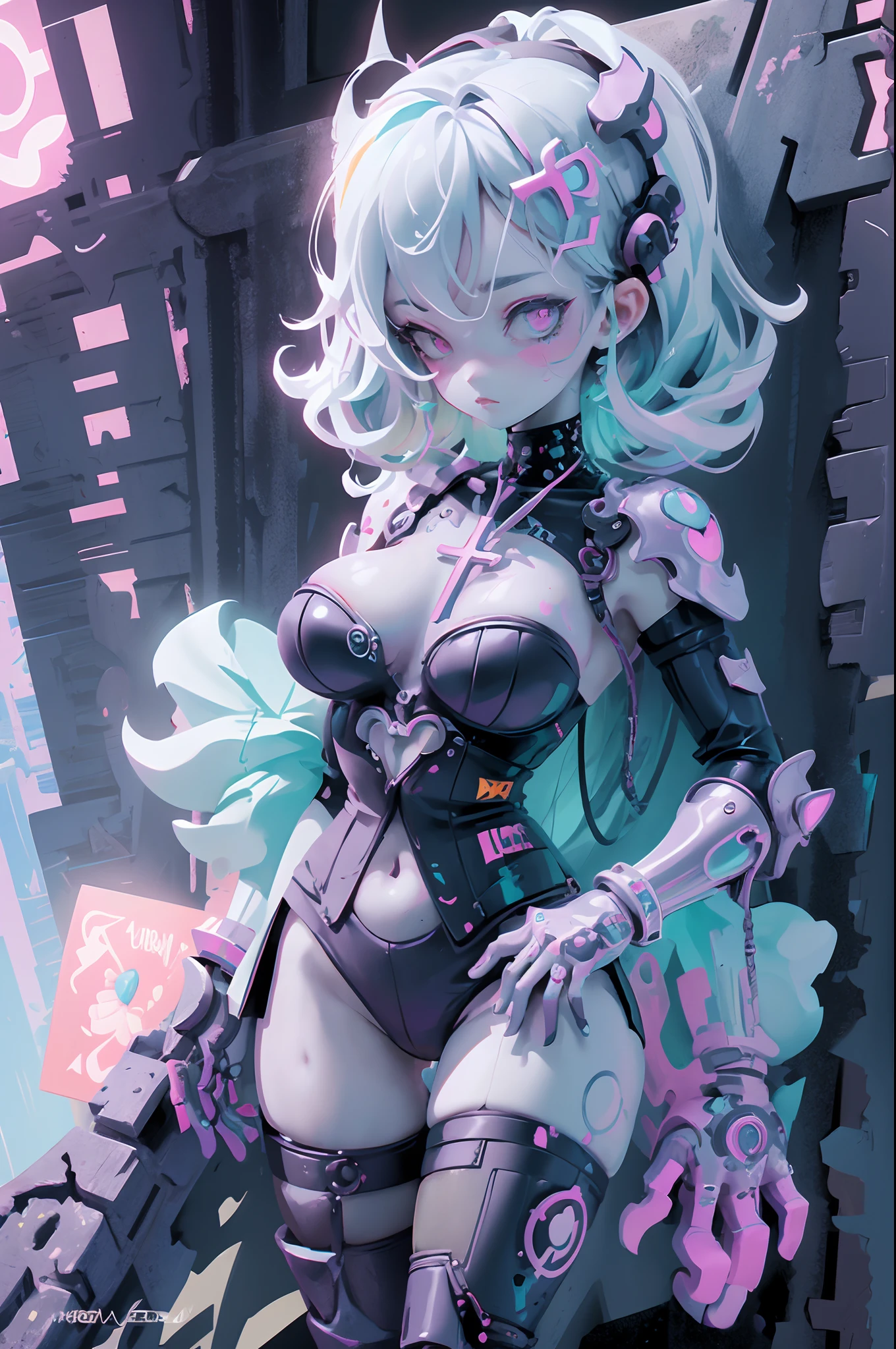 a woman in a corset and a cross on her chest, colorful concept art, rossdraws cartoon vibrant, holy cyborg necromancer girl, anime cyberpunk art, neon armor, cyberpunk art style, holy armor, rossdraws pastel vibrant, jen bartel, inspired by Victor Mosquera, rossdraws 1. 0, dreamy colorful cyberpunk colors, rossdraws 2. 0