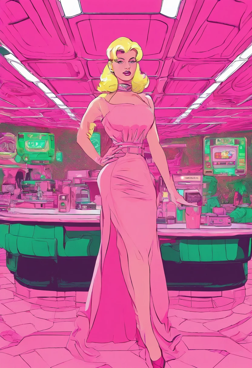 Interior restaurant 1980 los angeles,Very beautiful blonde woman with green eyes with pink bodycon dress looking straight into the lens with the sign of loser, Pink light and smoking on the dazzling floor.