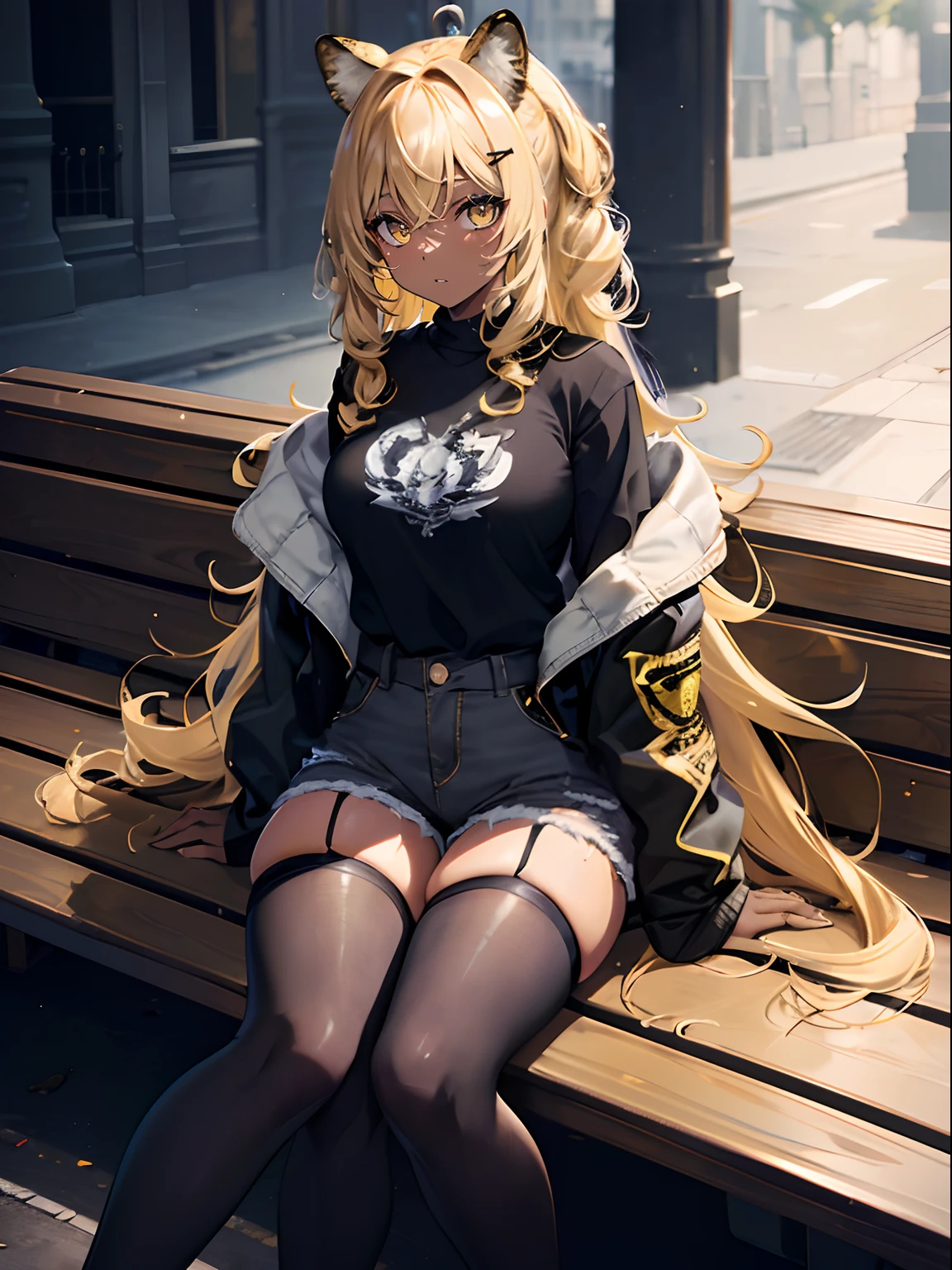 (masterpiece,best quality,ultra-detailed),1girl,dark yellow hair,leopard ears,curly hair, messy hairstyle, mane,denim shorts,black shorts,dark black skin,thick thighs,knee high stockings,urban background,(grey theme),sitting,sitting on a bench , night