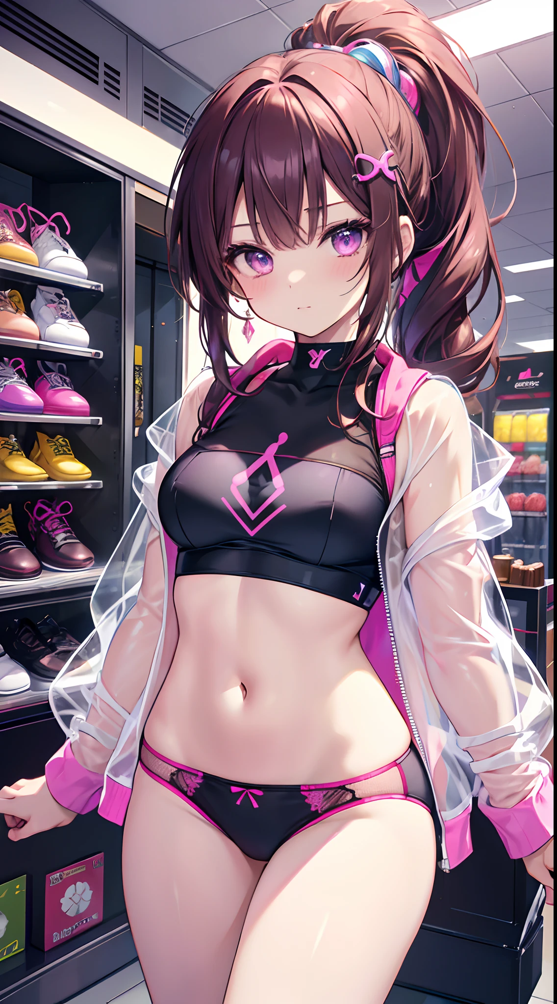 ((Masterpiece)), best quality, absurderes, ultra detailed, holographic, cowboy shot, golden ratio, super cute girl, mature girl, idol girl, super beautiful asian girl with very beautiful violet glowing eyes, beautiful glowing brown multicolored hair, high ponytail, nice and sexy body, slim body, perfect body, an anime printed neon bra and panties, a super aesthetic transparent mini jacket, beautiful hair ornament, pink jordan tennis, being photographed in a mall shop, ( showing neon panties, showing thong: 1.5)