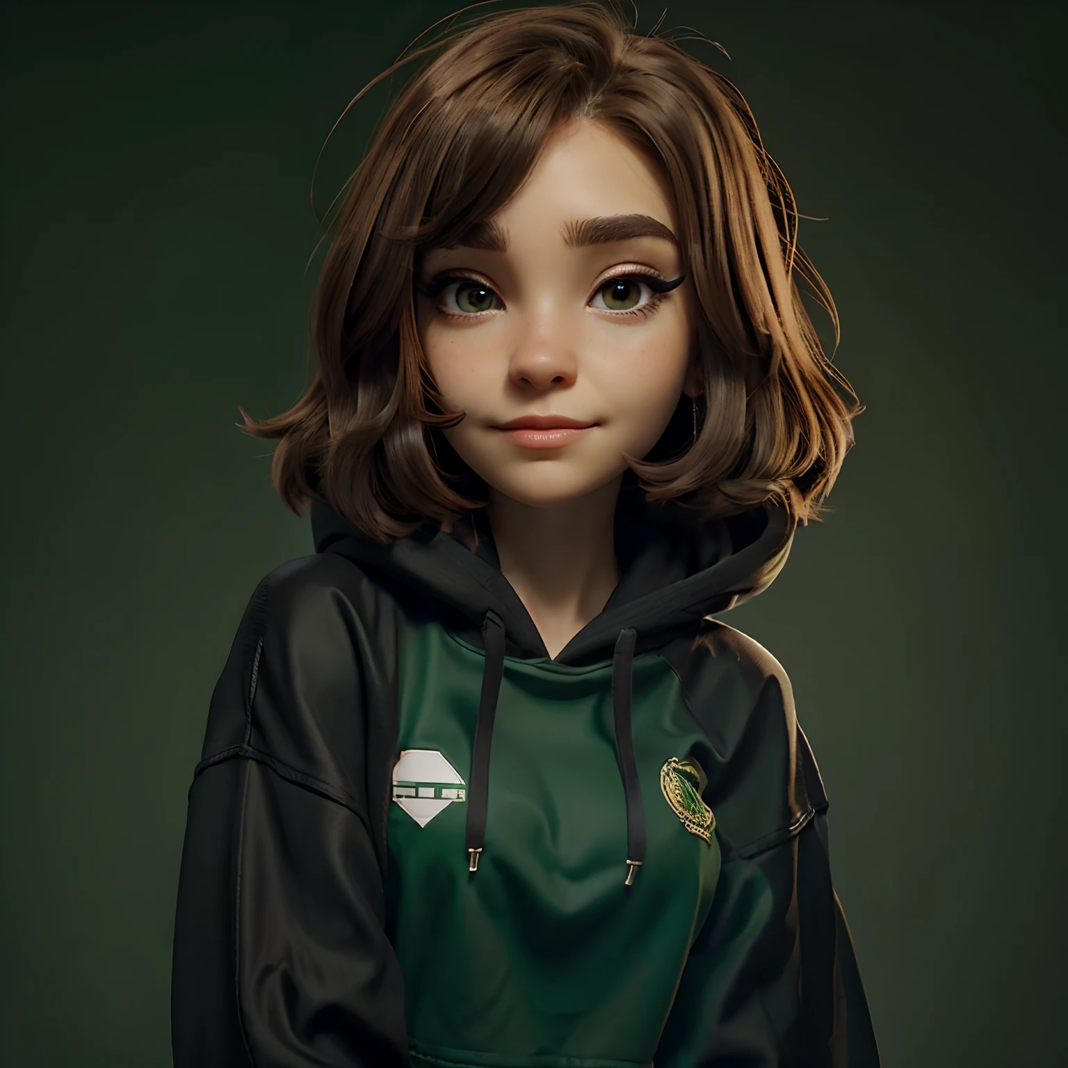 Girl, brown bob hair, green eyes, mid 20s, coding, cartoon, simple, black winged eyeliner, black hoodie