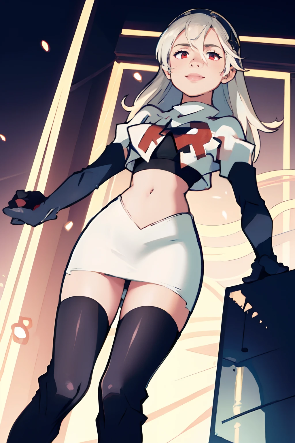 defCorrin,rocket,team rocket uniform, red letter R, white skirt,white crop top,black thigh-highs,black elbow gloves, white hair, confident smile, looking down at viewer