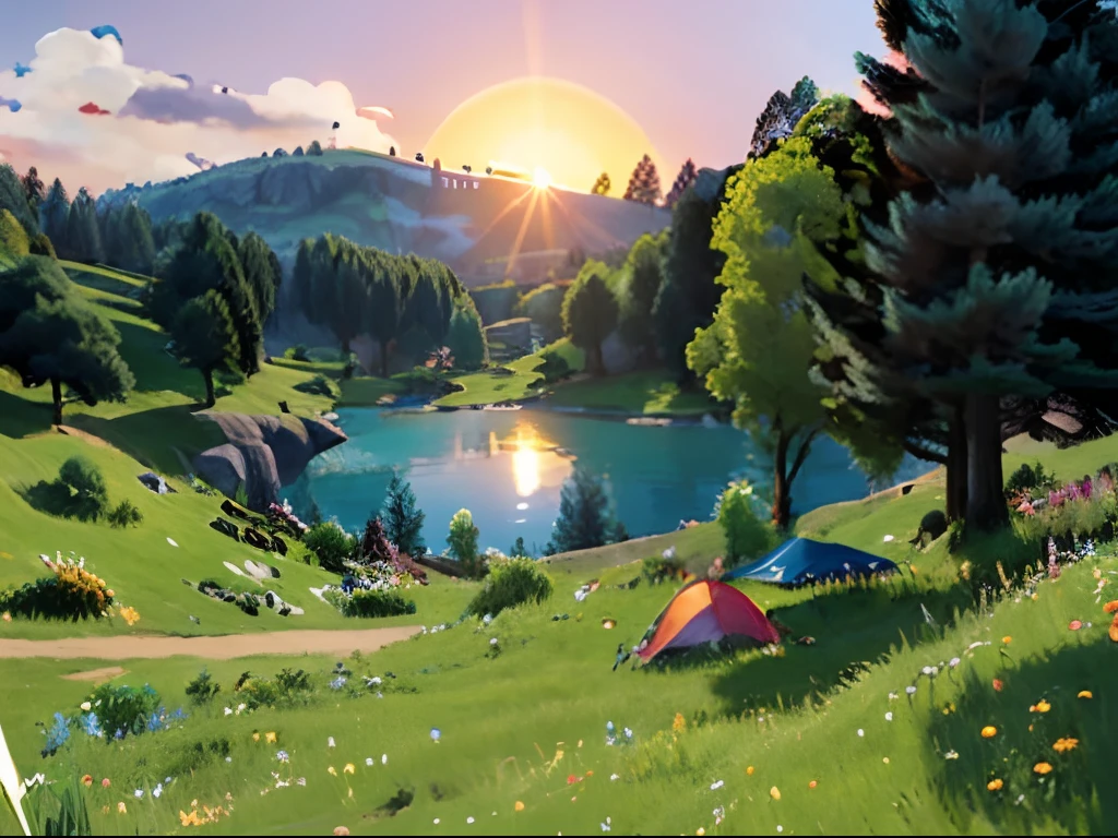 ((full image)), ((masterpiece)), ((simple)), ((Best quality)), ((2D landscape)), tent, canvas material, camping experience, peaceful atmosphere, soft colors, nature-inspired artwork, outdoor scenery, flower meadow,nature,floral arrangement,spring colors,blooming flowerslake with a dam, tipi tent, pine trees, trees, water reservoir, bell tent, tent, camping, people enjoying the sunset on grass, sunset behind hills, dam between hills, trees on hill, no mountains, flat hill, flat hill,green grass,rolling landscape,clear blue sky,sunshine,peaceful scenery,simple and clean,serene atmosphere,vibrant colors,natural beauty,warm and inviting,lush vegetation,gentle slopes,sweeping views, beautiful scenery, full page illustration，flat illustration，full color illustration，colored illustration，full page illustration，game illustration，Illustration，comic illustration，colored illustration, 2d illustration