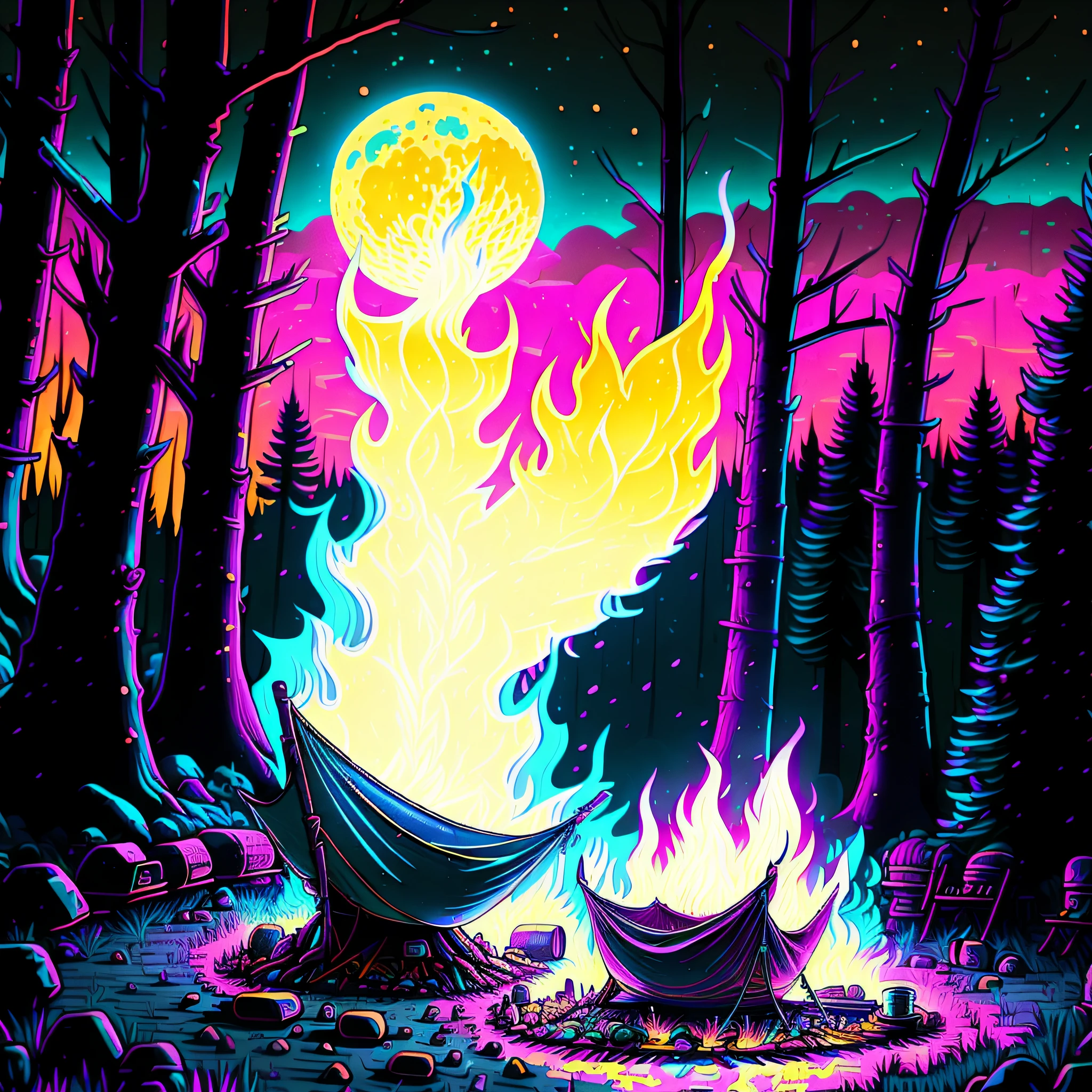 a campfire in the woods with a full moon
