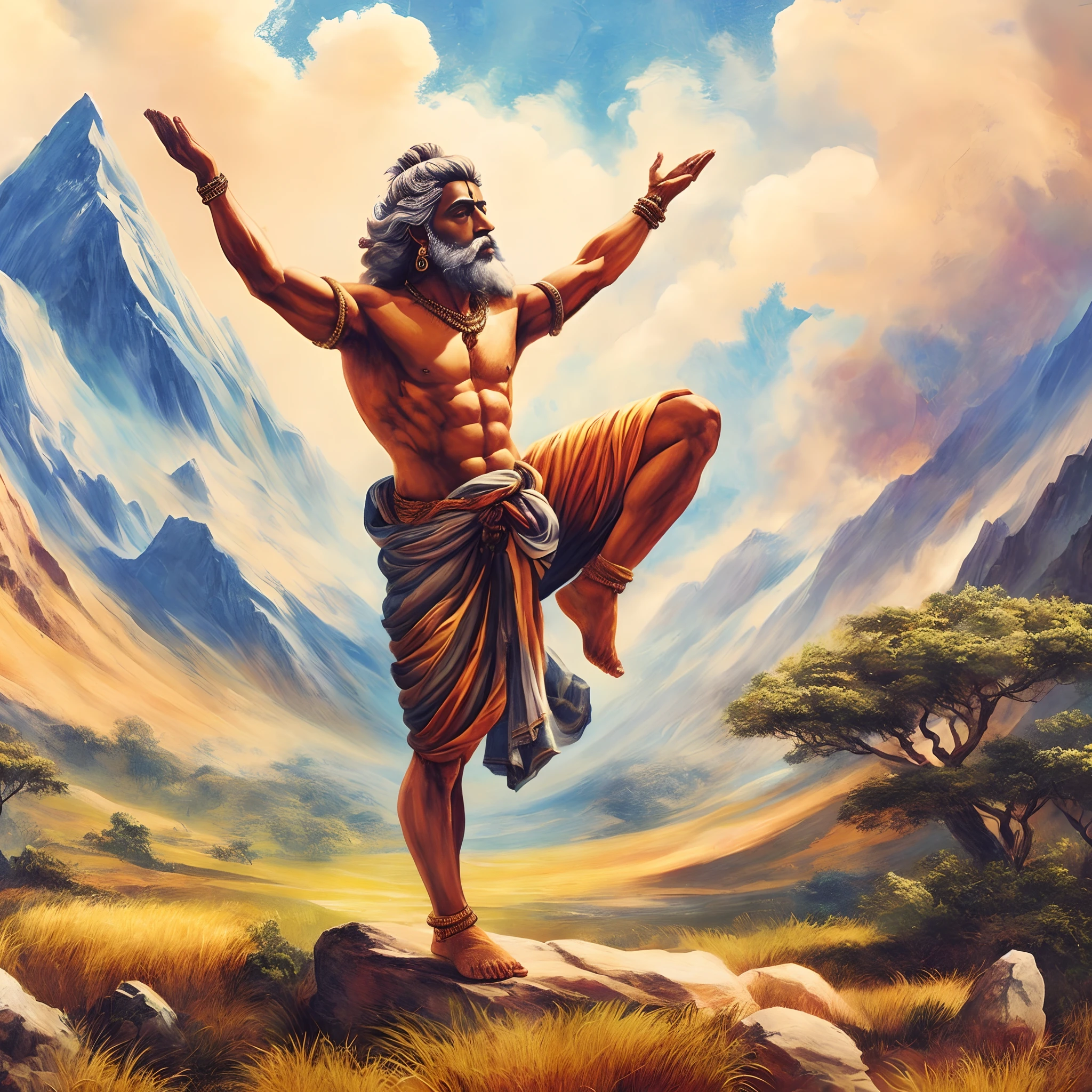 painting of a man standing on a rock with his arms outstretched, wise old indian guru, the god zeus, old god, olympian god, stoic pose, ancient god, god of nature, inspired by Kailash Chandra Meher, inspired by Bapu, epic scene of zeus, greek god, inspired by Ram Chandra Shukla, ancient blacksmith god