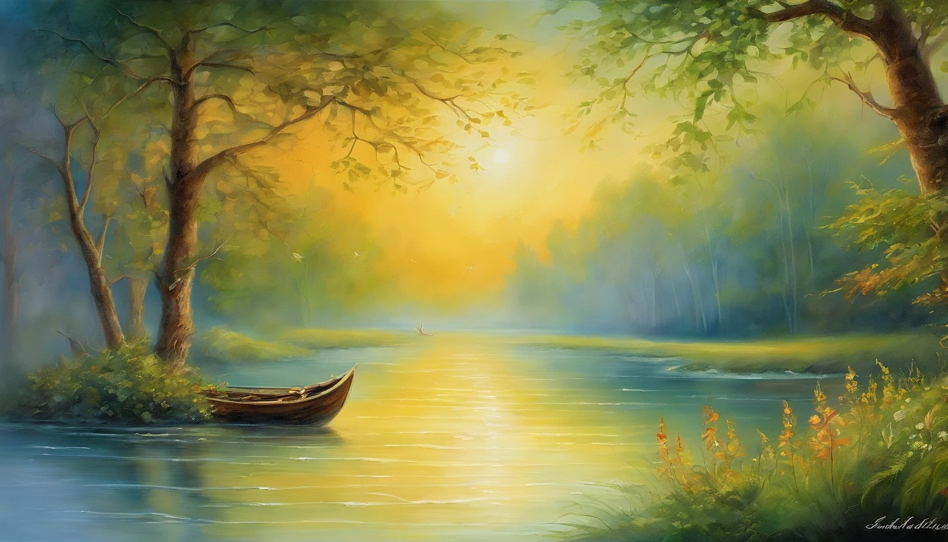 (best quality,highres,masterpiece:1.2),ultra-detailed,realistic:1.37,a detailed image of God moving upon the waters of a river, ethereal and majestic, capturing the divine essence of the scene, shimmering reflections on the water's surface, mesmerizing ripples flowing with grace and elegance, a heavenly glow illuminating the entire river, illuminating the surroundings with a soft golden light, radiant and serene, soft hues of blue and green, symbolizing tranquility and purity, a divine presence emanating from God, gentle waves caressing the riverbanks, creating a harmonious and peaceful atmosphere, divine energy permeating every inch of the scene, a sense of awe and reverence filling the air, capturing the moment of creation in its purest form, a masterful blend of nature and spirituality, a masterpiece that transcends the boundaries of reality, capturing the beauty and power of God's creation.
