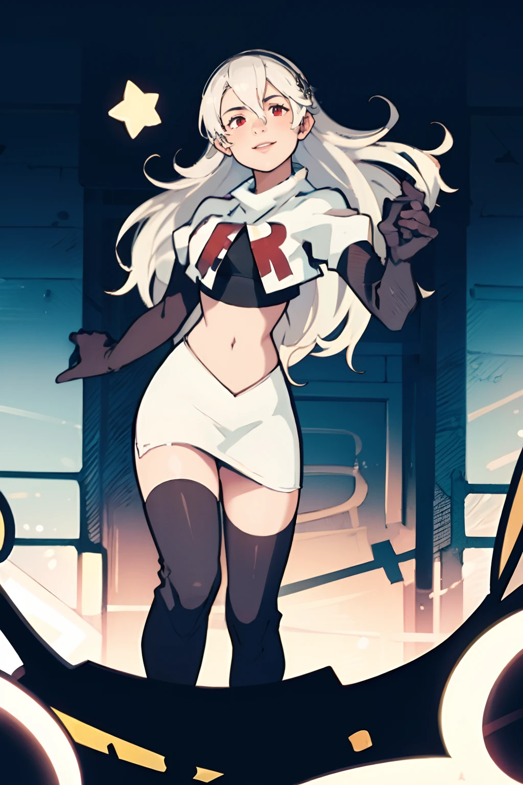 defCorrin,rocket,team rocket uniform, red letter R, white skirt,white crop top,black thigh-highs,black elbow gloves, white hair, confident smile,