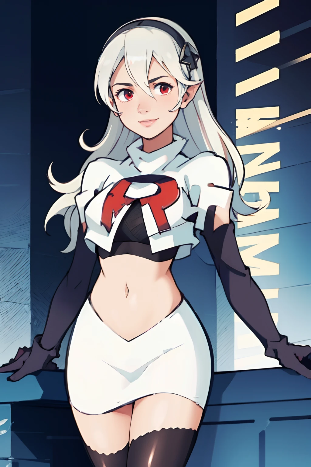 defCorrin,rocket,team rocket uniform, red letter R, white skirt,white crop top,black thigh-highs,black elbow gloves, white hair, confident smile,