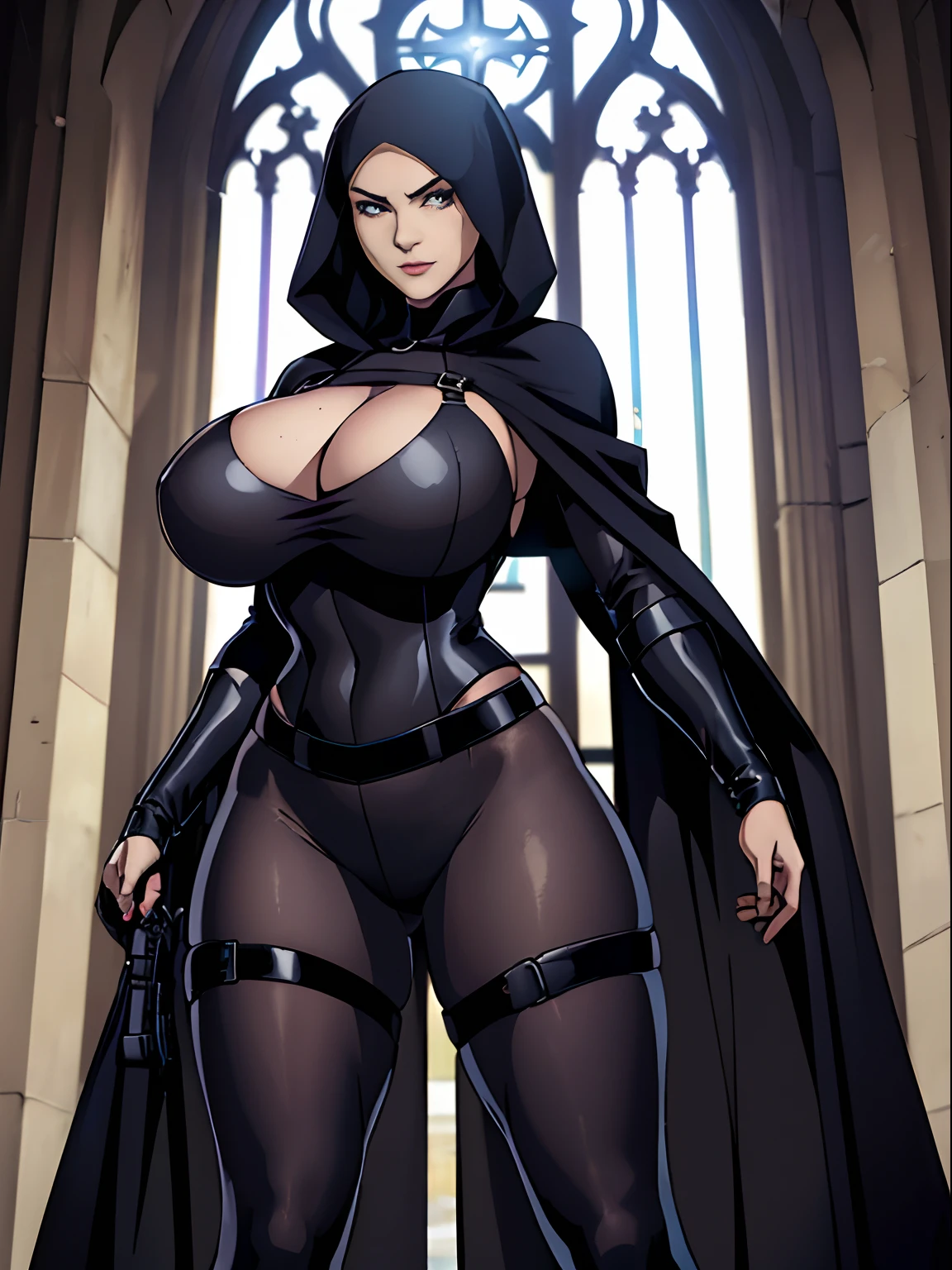 (masterpiece, top quality, best quality, official art, beautiful and aesthetic:1.2), (1girl:1.3), light freckles, fair skin, extremely detailed, portrait, looking at viewer, solo, (full body:0.6), detailed background, close up, (dark gothic theme:1.1), nun with guns, charlatan, smirk, mysterious, swaggering through cathedral, modest attire, black habit, cowl, nun hood, wimple, thigh-high boots, bodysuit, leotard, loose sleeves, cloak, corset, leather straps, ammunition pouches, long boots, submachineguns, SMGs, MP5s, thigh pouches, holsters, garters, ((((narrow hips, slim sexy body, gigantic breasts)))), slim waist, slim hips, long legs, modern (cathedral exterior:1.1) background, dark mysterious lighting, shadows, magical atmosphere, dutch angle,