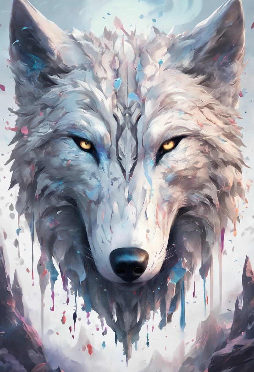 Splash art, a wolf head, ((white background)), piercing eyes, epic Instagram, artstation, splash style of colorful paint, contour, hyperdetailed intricately detailed , unreal engine, fantastical, intricate detail, splash screen, complementary colors, fantasy concept art, 8k resolution, deviantart masterpiece, oil painting, heavy strokes, paint dripping, splash arts