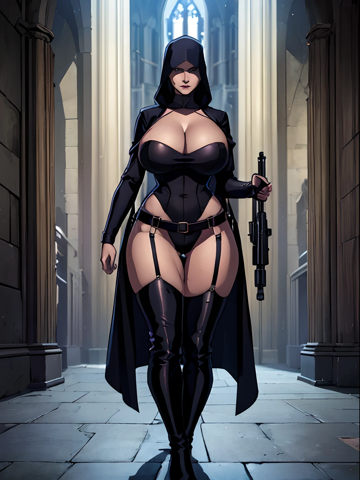 (masterpiece, top quality, best quality, official art, beautiful and aesthetic:1.2), (1girl:1.3), light freckles, fair skin, extremely detailed, portrait, looking at viewer, solo, (full body:0.6), detailed background, close up, (dark gothic theme:1.1), nun with guns, charlatan, smirk, mysterious, swaggering through cathedral, modest attire, black habit, cowl, nun hood, wimple, thigh-high boots, bodysuit, leotard, loose sleeves, cloak, corset, leather straps, ammunition pouches, long boots, submachineguns, SMGs, MP5s, thigh pouches, holsters, garters, ((((narrow hips, slim sexy body, gigantic breasts)))), slim waist, slim hips, long legs, modern (cathedral exterior:1.1) background, dark mysterious lighting, shadows, magical atmosphere, dutch angle,