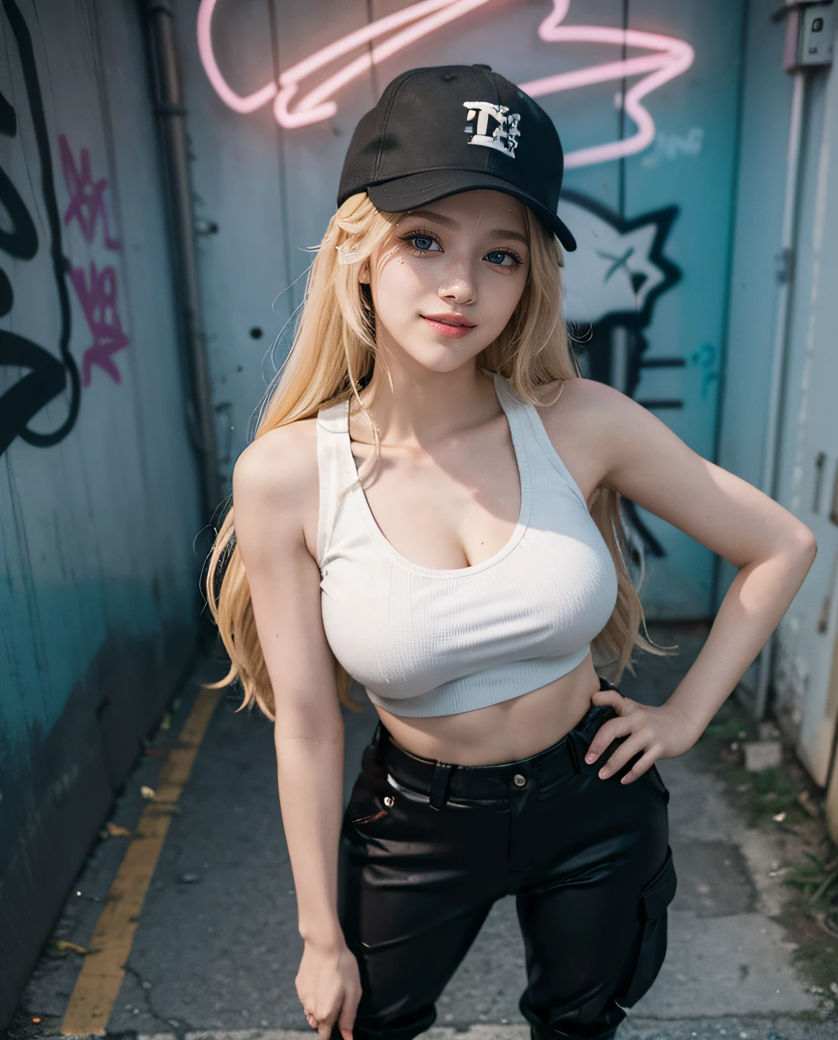 1girl, Blue eyes, (smiling), (Sana Minatozaki), wide hips, Big Boobs, big ass, (Best Quality, 8k, Masterpiece: 1.3), perfect hands, Clear Focus: 1.2, Perfect Body Beauty: 1.4 , Slender Abs: 1.2, Highly detailed face and skin texture, detailed eyes, double eyelids, (blonde long hair), (white tanktop), (black cargo pants), (combat boots), (black sport cap), standing, taking selfie, In an alley lit by neon lights, graffiti on the wall, deep on field