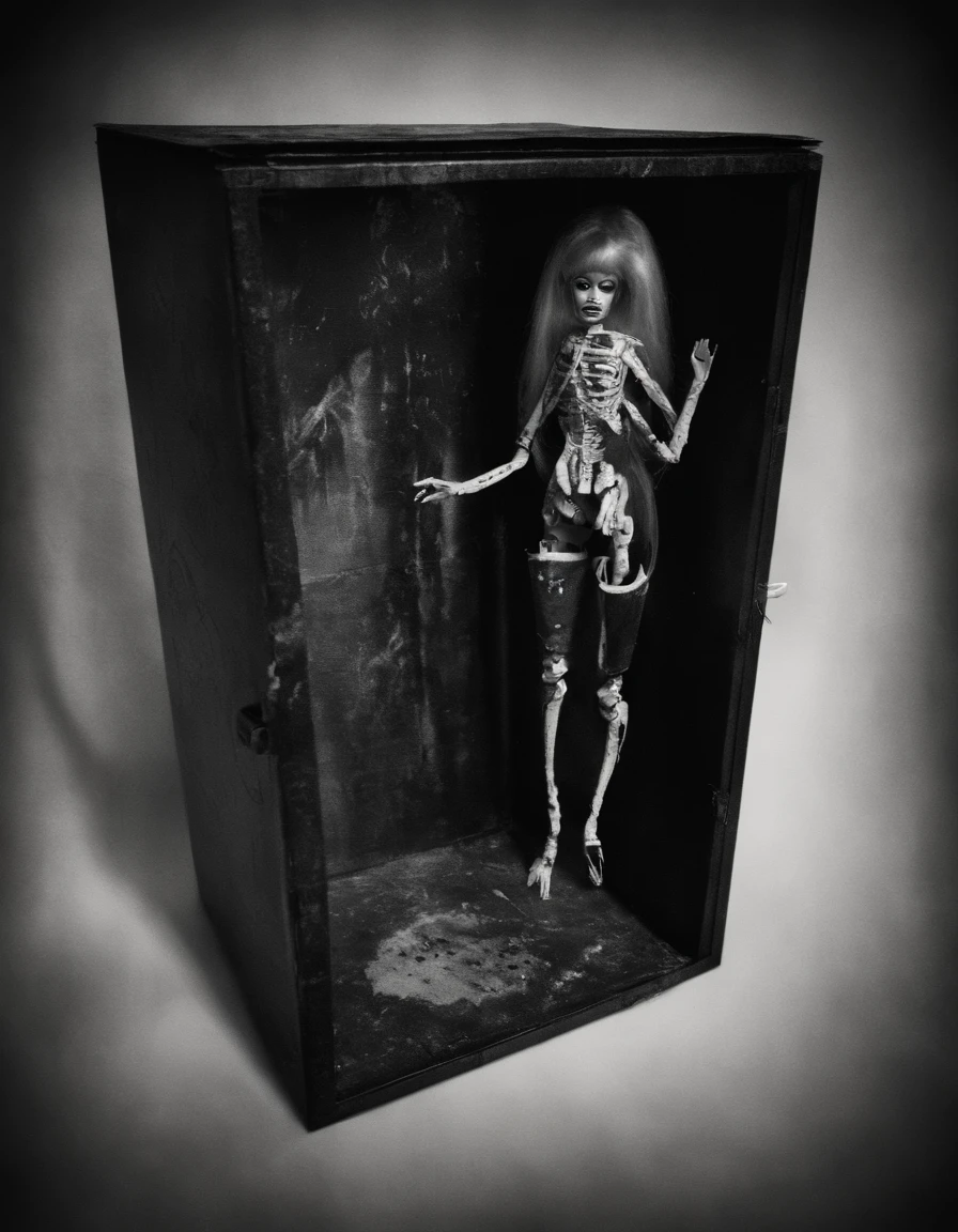 Create an image of the empty barbie doll box in a macabre version