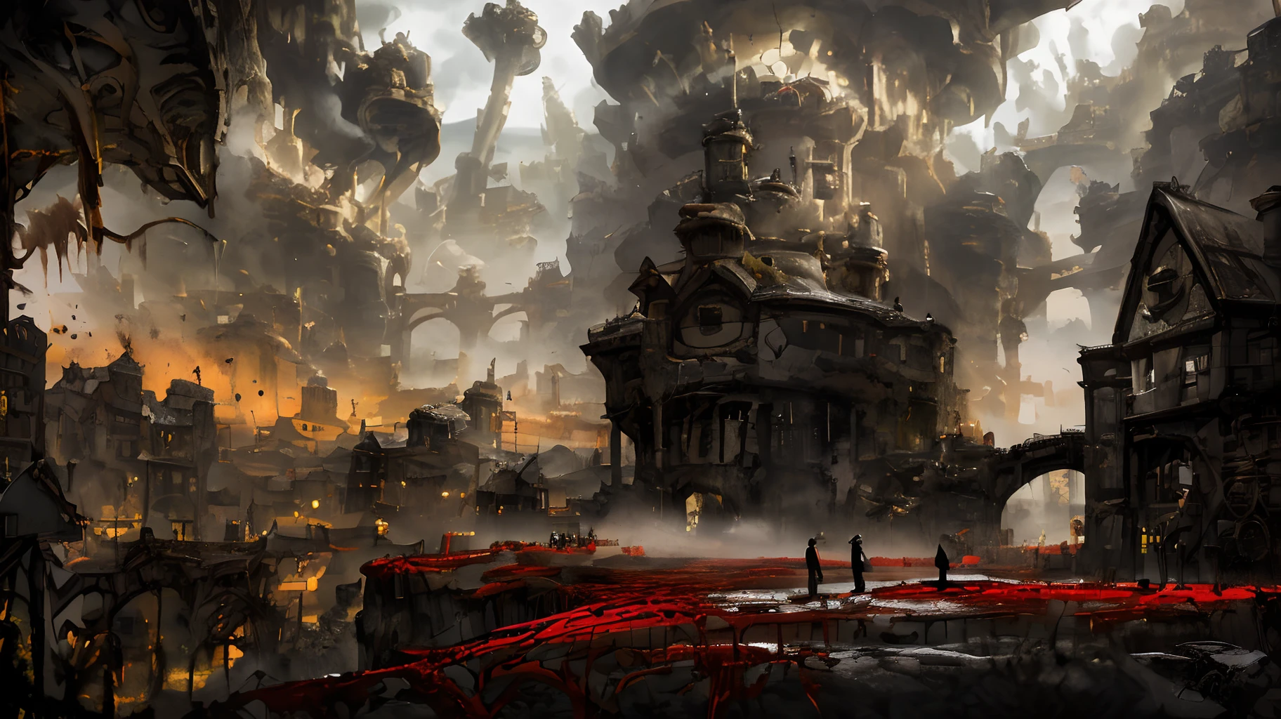 A young man walking alone under corpses as his scythe oozed blood
