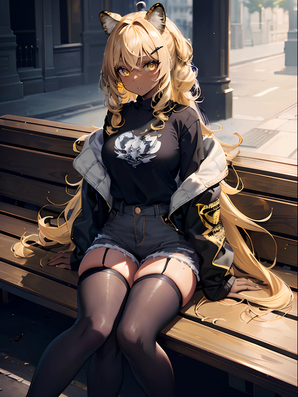 (masterpiece,best quality,ultra-detailed),1girl,dark yellow hair,leopard ears,curly hair, messy hairstyle, mane,denim shorts,black shorts,dark black skin,thick thighs,knee high stockings,urban background,(grey theme),sitting,sitting on a bench , night