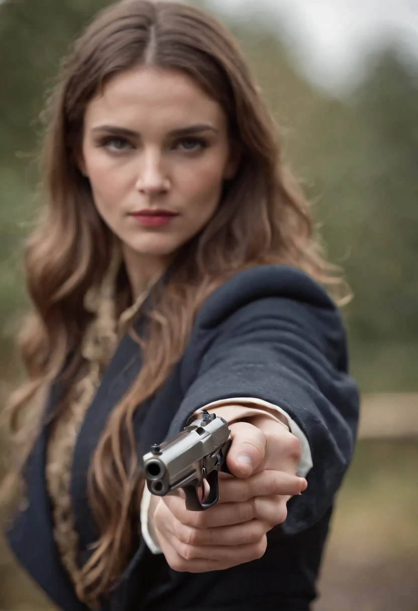 A british girl in a expensive clothing holding a gun with both hands