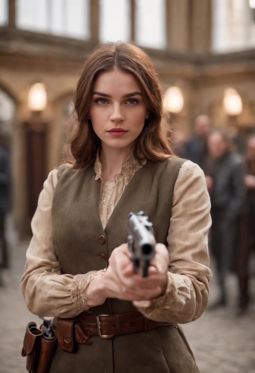 A british girl in a expensive clothing holding a gun with both hands