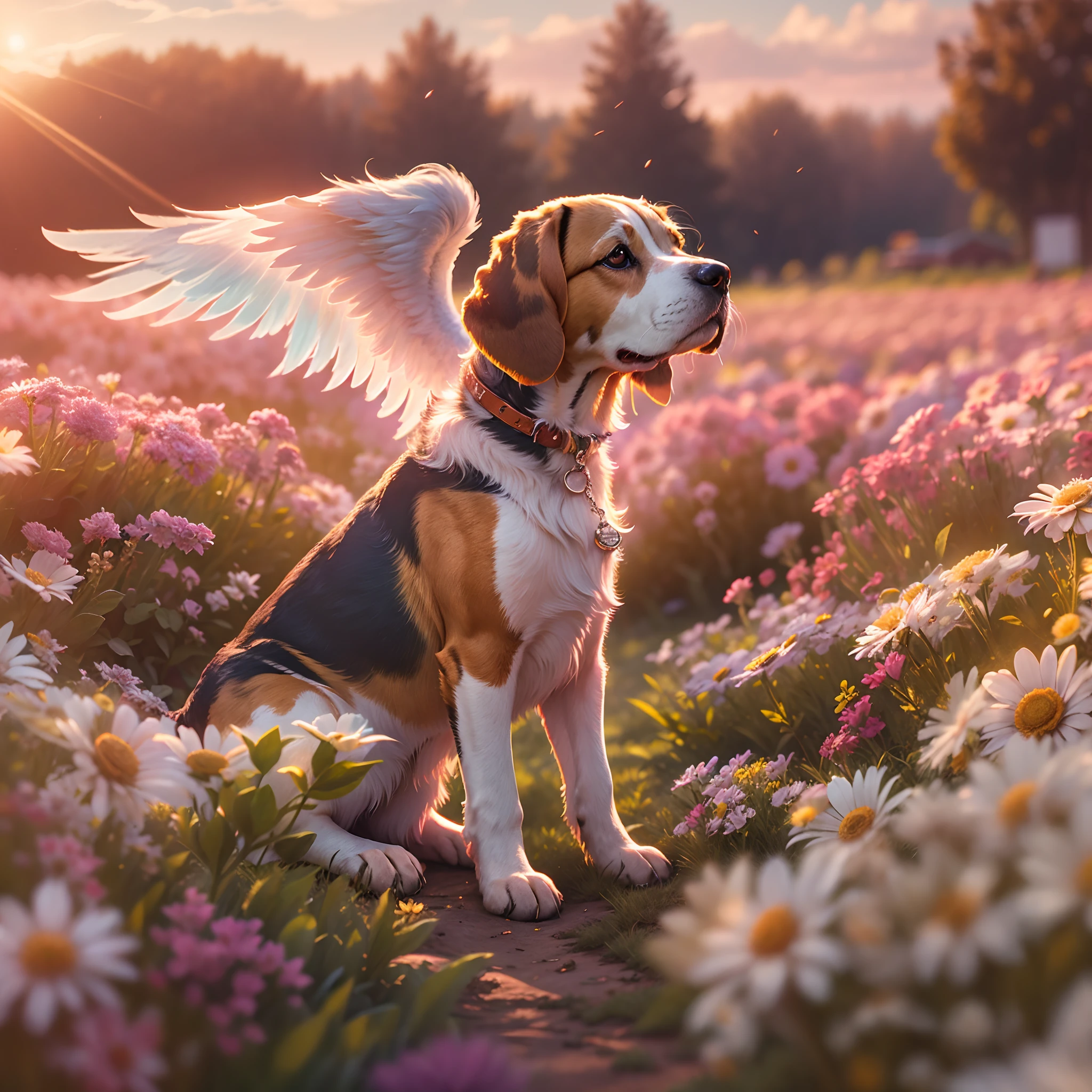 An elderly beagle dog with angel wings and halo and a beagle next to him, Field of flowers scenery in the background, dia ensolarado, Camera lens reflecting sunlight, 4k ,8k, Ultra HD |