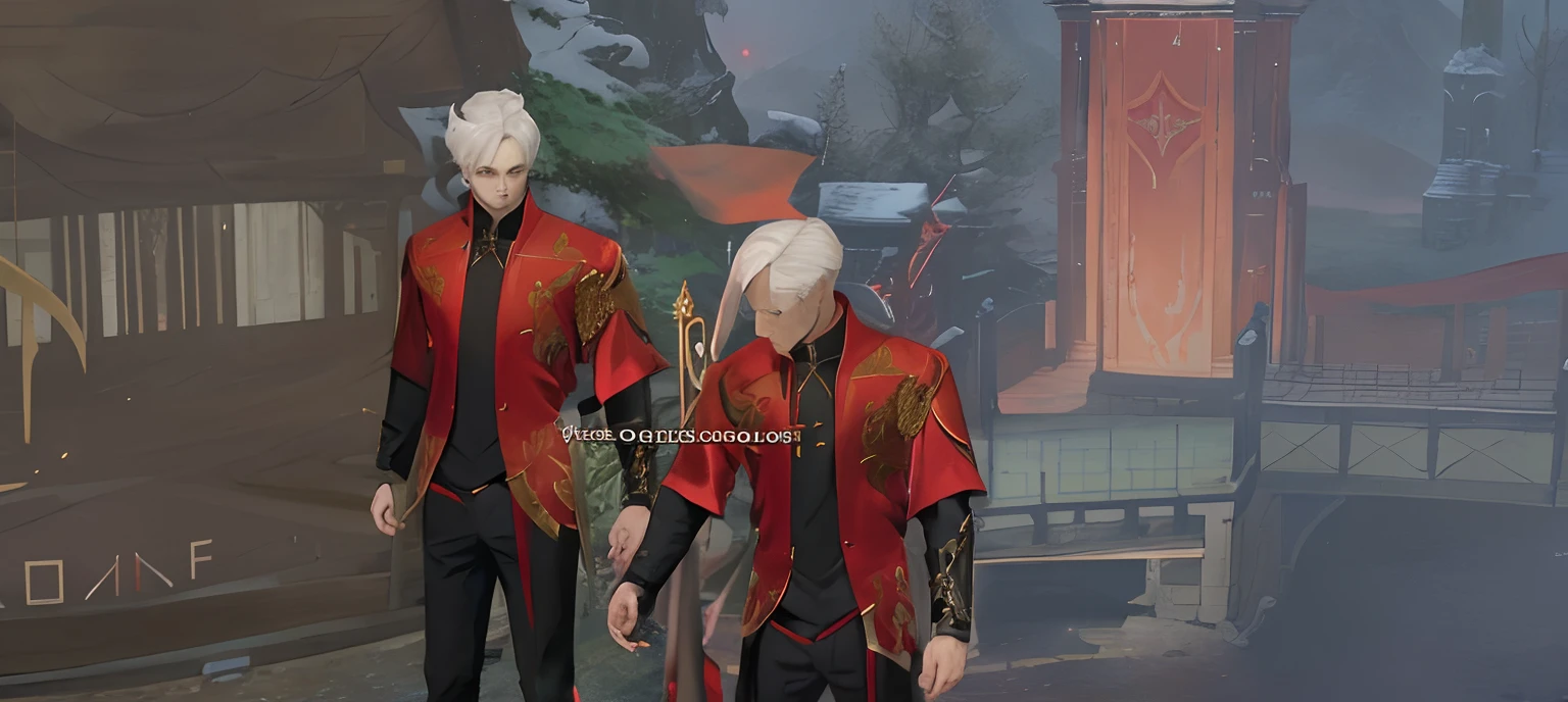 there are two men in red uniforms standing next to each other, crimson attire, wearing cultist red robe, wearing red sorcerer's robes, lunar themed attire, bold crimson ornate robes, thancred waters in style of wlop, ferred - themed robes and hat, wearing gilded red robes, gameplay screenshot with ui, wearing gilded red royal robes