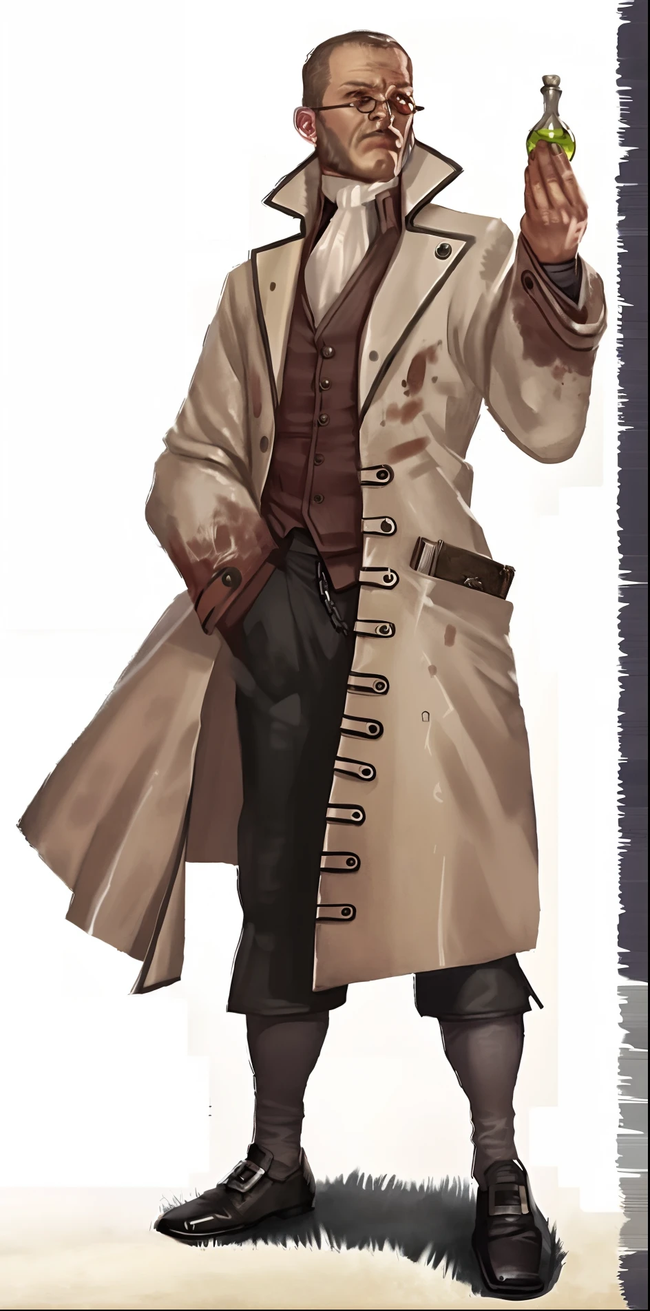 um close up de um homem em um casaco de trincheira segurando uma garrafa, picture of a male cleric, male artificer, roupas de rpg da moda, Do Pathfinder, Casaco de detetive, Personagem de RPG, Personagem de arte conceitual de RPG, ( ( arte conceitual do personagem ) ), Arte do personagem RPG, steel inquisitor from mistborn, he is wearing a trenchcoat, Arte conceitual de personagem de RPG