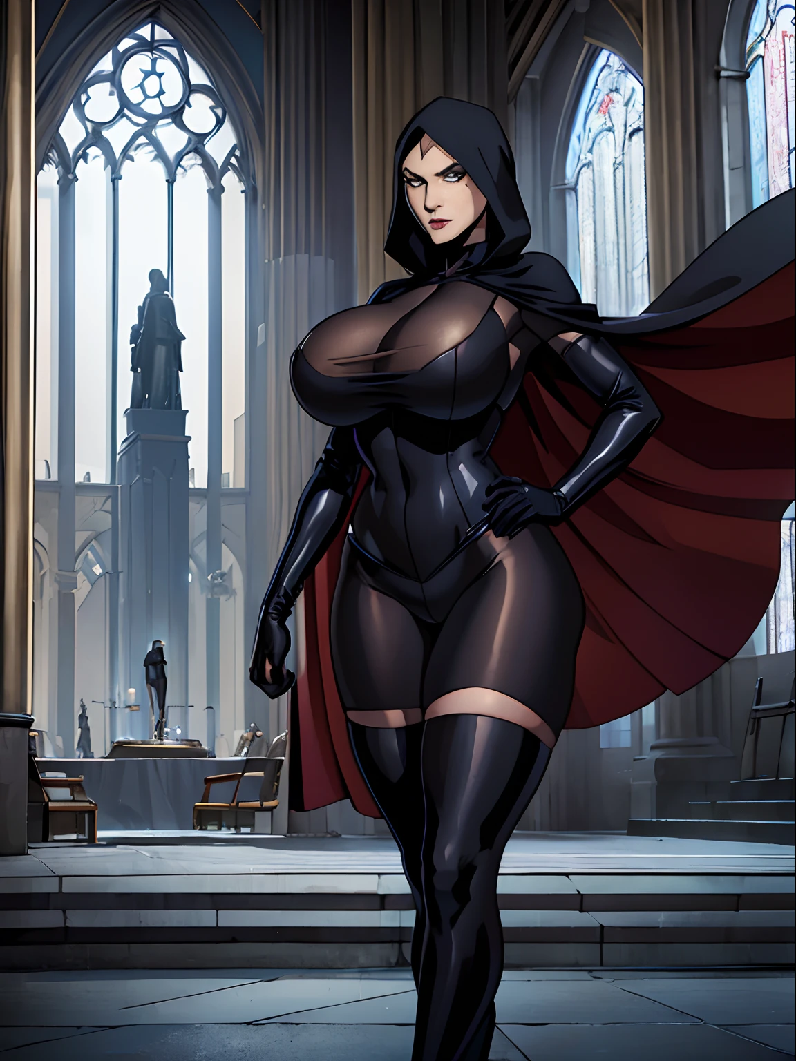 (masterpiece, top quality, best quality, official art, beautiful and aesthetic:1.2), (1girl:1.3), light freckles, fair skin, extremely detailed, portrait, looking at viewer, solo, (full body:0.6), detailed background, close up, (dark gothic theme:1.1), athletic busty petite nun with guns, charlatan, smirk, mysterious, swaggering through cathedral, modest attire, black habit, cowl, nun hood, wimple, thigh-high boots, bodysuit, leotard, corset, thigh-highs, tights, loose sleeves, cloak, leather straps, ammunition pouches, long boots, submachineguns, SMGs, MP5s, thigh pouches, holsters, garters, ((((narrow hips, slim sexy body, gigantic breasts)))), slim waist, slim hips, long legs, modern (cathedral exterior:1.1) background, dark mysterious lighting, shadows, magical atmosphere, dutch angle,