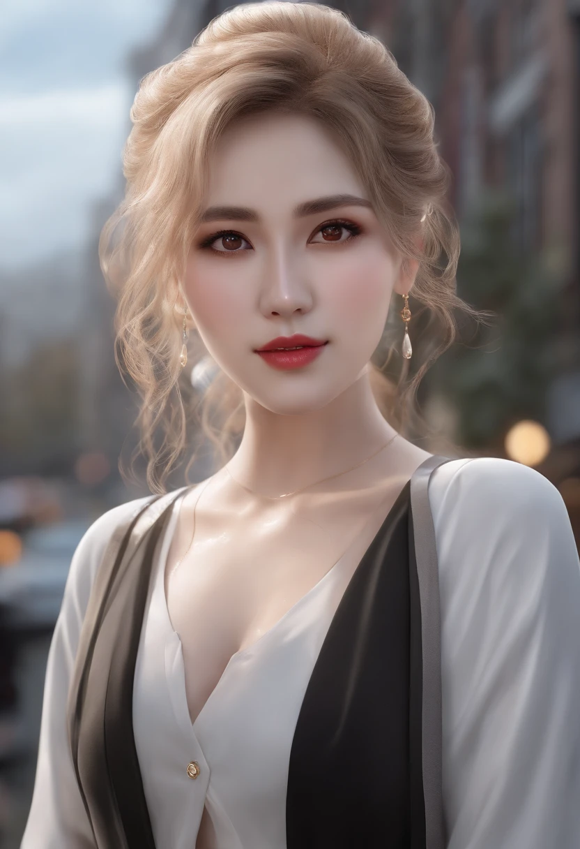 ((Best Quality, 8K, Masterpiece: 1.3)), Sharp: 1.2, Perfect Body Beauty: 1.4, Slim Abs: 1.2, ((Layered Hairstyle, Big Breasts: 1.2)), (Wet White Button Long Shirt: 1.1), (Rain, Street: 1.2), Wet: 1.5, Highly detailed face and skin texture, detailed eyes, double eyelids, side face looking at the camera