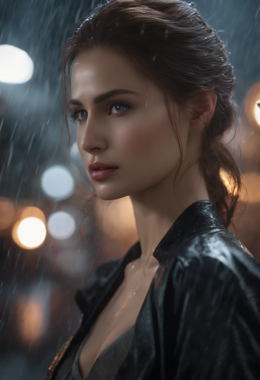 ((Best Quality, 8K, Masterpiece: 1.3)), Sharp: 1.2, Perfect Body Beauty: 1.4, Slim Abs: 1.2, ((Layered Hairstyle, Big Breasts: 1.2)), (Wet White Button Long Shirt: 1.1), (Rain, Street: 1.2), Wet: 1.5, Highly detailed face and skin texture, detailed eyes, double eyelids, side face looking at the camera