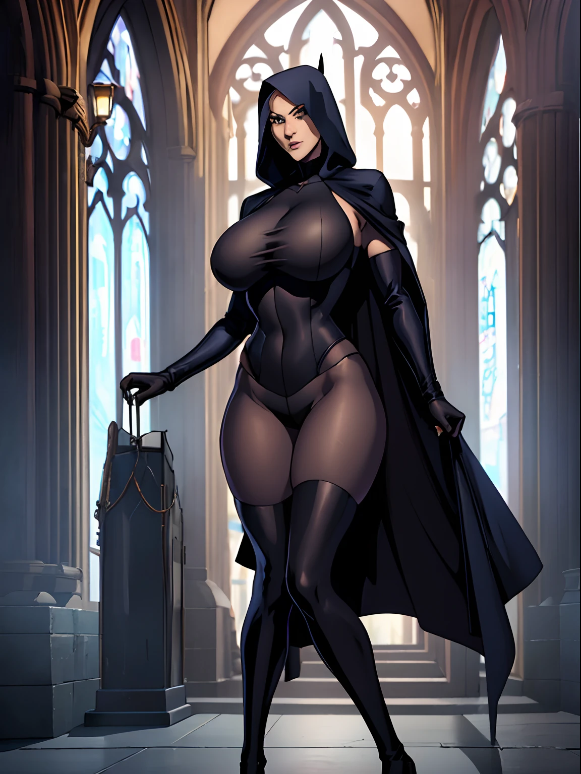 (masterpiece, top quality, best quality, official art, beautiful and aesthetic:1.2), (1girl:1.3), light freckles, fair skin, extremely detailed, portrait, looking at viewer, solo, (full body:0.6), detailed background, close up, (dark gothic theme:1.1), athletic busty petite nun with guns, charlatan, smirk, mysterious, swaggering through cathedral, modest attire, black habit, cowl, nun hood, wimple, thigh-high boots, bodysuit, leotard, corset, thigh-highs, tights, loose sleeves, cloak, leather straps, ammunition pouches, long boots, submachineguns, SMGs, MP5s, thigh pouches, holsters, garters, ((((narrow hips, slim sexy body, gigantic breasts)))), slim waist, slim hips, long legs, modern (cathedral exterior:1.1) background, dark mysterious lighting, shadows, magical atmosphere, dutch angle,