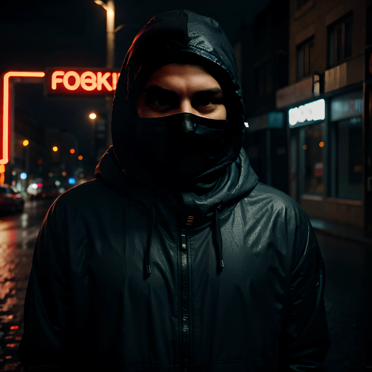 Smoking man in Balaclava in hood in rain in neon light