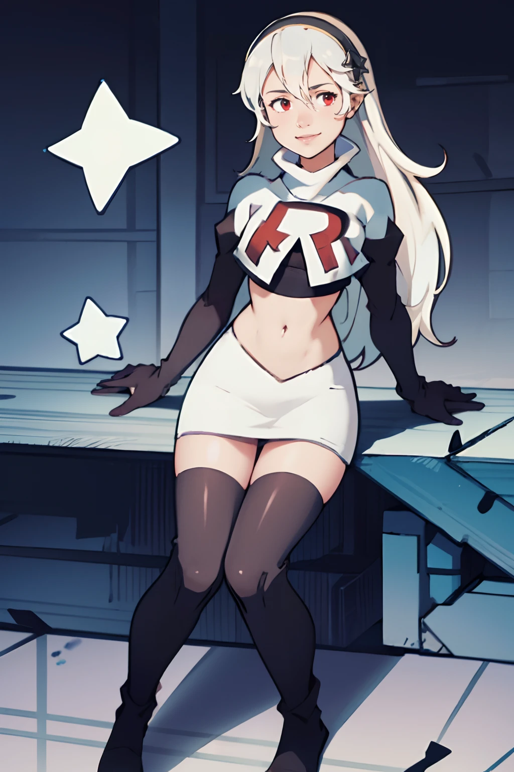 defCorrin,rocket,team rocket uniform, red letter R, white skirt,white crop top,black thigh-highs,black elbow gloves, white hair, confident smile, sitting down, leg over the other