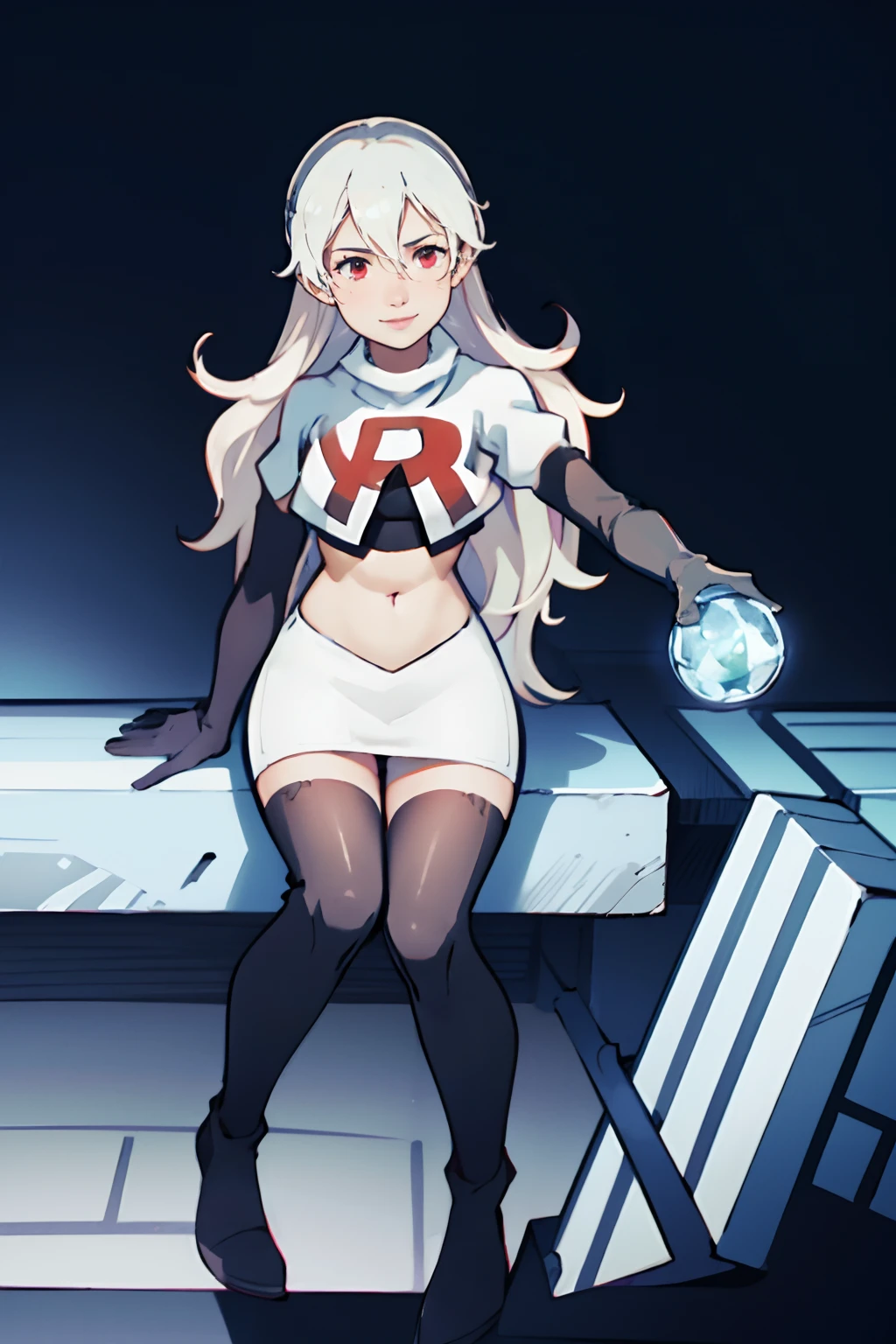 defCorrin,rocket,team rocket uniform, red letter R, white skirt,white crop top,black thigh-highs,black elbow gloves, white hair, confident smile, sitting down, leg over the other
