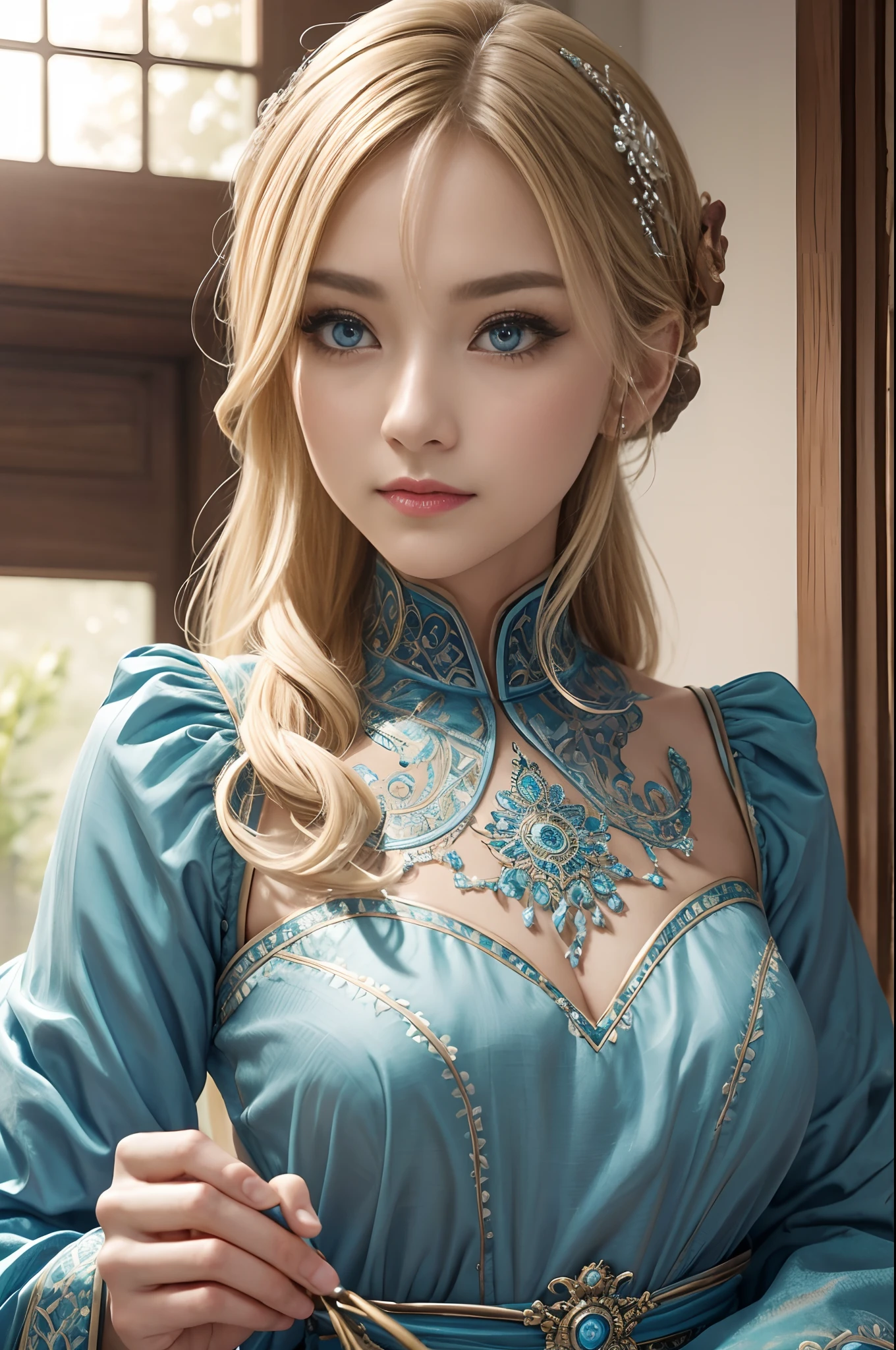 (dark shot:1.1)(absurderes、hight resolution、ultra-detailliert)、1、a matural female、Nobleman in a luxurious dress、Blonde long hair、Mature woman with thin big breasts、blue eyess、sexy dress、long-sleeve、Finely detailed eyes and detailed face、intricate-detail、BREAK Mosaic Art、small pieces、colorful tesserae、complex pattern、Tiled design、durable surfaces、Old-fashioned technique BREAK macro photography、extreme close - up、intricate-detail、magnified textures、Stunning clarity、Hidden beauty、Immersive perspective break、 artisanal creations、Handmade products、unique designs、intricate detailes、Creative expression、skilled craftsmanship,enticing,