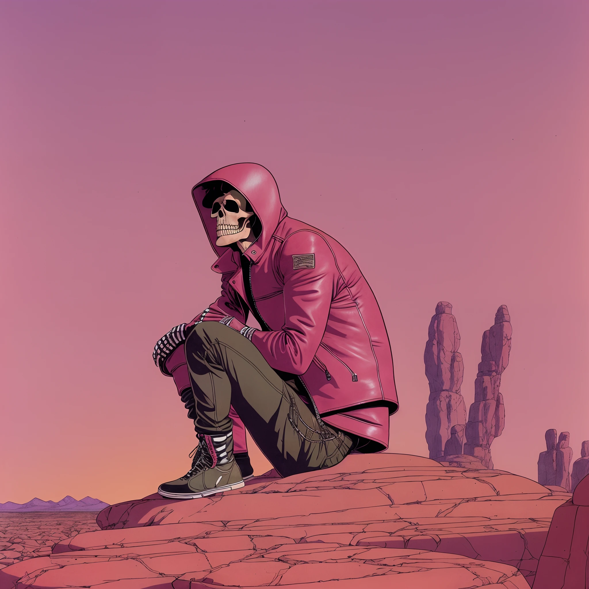 A hypermuscular skeleton in a leather jacket and sweatpants chilling on top of a rock in a floating pink desert, 1970's, illustration by Moebius --auto --s2