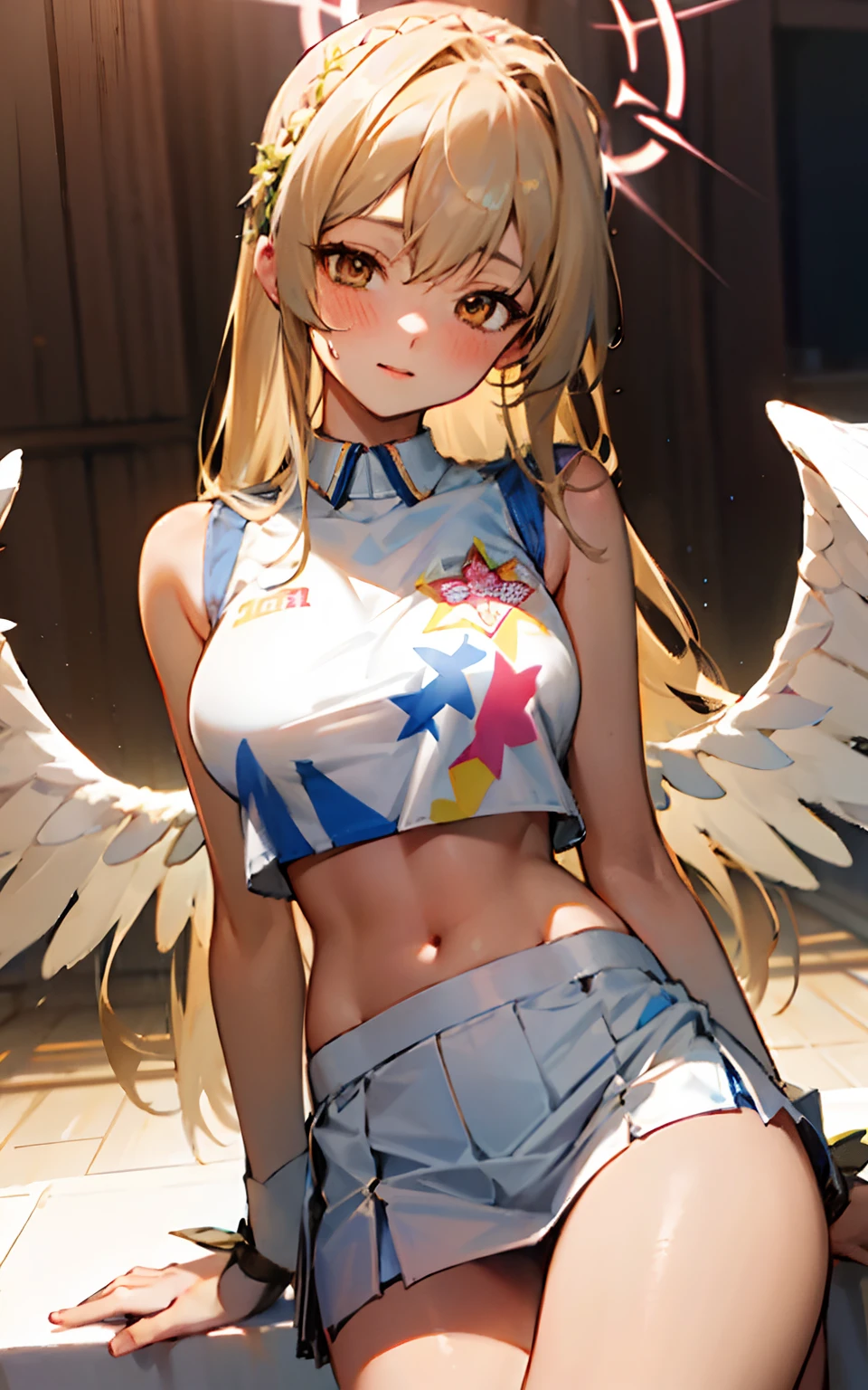 (Original Character、Unity 16K wallpaper, Masterpiece, Best quality, Ultra-detailed, Extremely detailed CG, Caustics, Cinematic lighting, Detailed, Brown eyes,Long blonde hair,Angel wings,angelic halo,Floral headdress,Beautiful detailed eyes, NSFW:1.8, Solo、Oily skin、18yr old), 超高分辨率, Fine skin, (cheer leader, Clothes writing, Crop top, Sleeveless shirt, midriff, Miniskirt, Pleated skirt), (Strong light)、((Illuminate the subject))