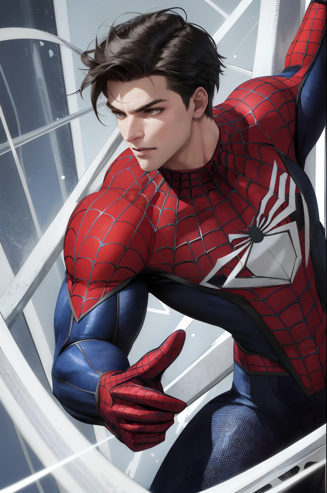 I want you to make a character based on Spider-Man,meu personagem tem cabelos cacheados,seu estilo de roupa e grunge,seu nome e alex,ele tem olhos pretos e sardas nas bochechas,He is a 17 year old boy who was bitten by a spider while doing a science project and since then for 1 year he has been the one and only Spider-Man,His superhero uniform is black with cobwebs all over the uniform with white accents