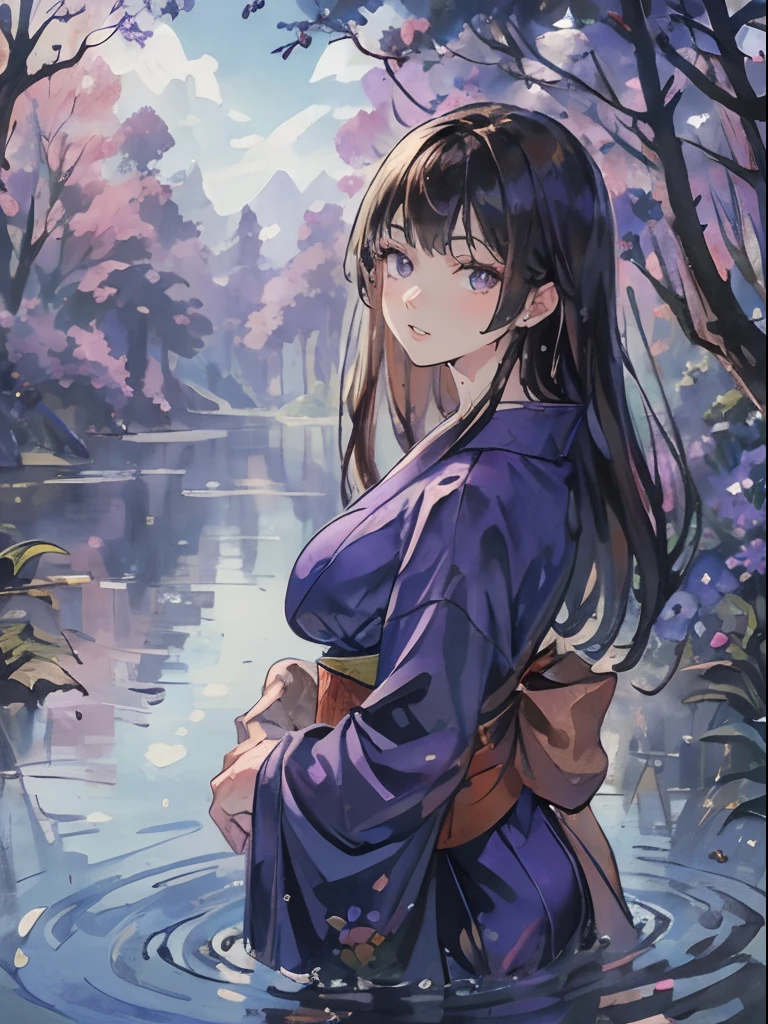 masterpiece, high quality, very detailed shading, perfect face, perfect hands, detailed background, young woman, adult woman, sparkling eyes, brown eyes, blue kimono, purple hakama, small breasts,forest, trees,flowers, complex background, blue sky,long black hair, brown eyes, wet, lake, swimming