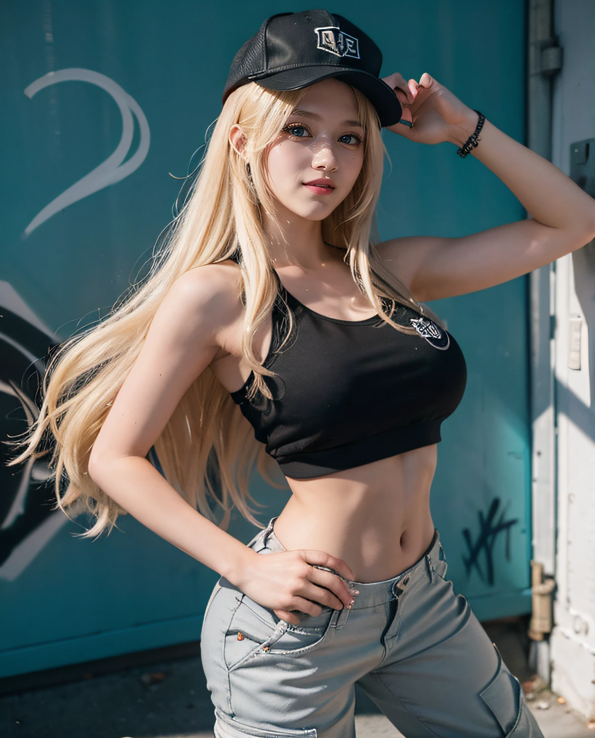 1girl, Blue eyes, (smiling), (Sana Minatozaki), wide hips, Big Boobs, big ass, (Best Quality, 8k, Masterpiece: 1.3), perfect hands, Clear Focus: 1.2, Perfect Body Beauty: 1.4 , Slender Abs: 1.2, Highly detailed face and skin texture, detailed eyes, double eyelids, (blonde long hair), (white tanktop), (black cargo pants), (combat boots), (black sport cap), standing, taking selfie, In an alley lit by neon lights, graffiti on the wall, deep on field