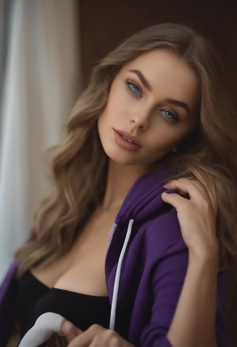 "Sexy girl with blue eyes, ultra-realistic, meticulously detailed portrait of Sophie Mudd, blonde hair and large eyes, selfie of a young woman, Violet Myers, without makeup, natural makeup, looking directly at the camera, face with artgram, subtle makeup, stunning full body shot. She is dressed elegantly but not provocatively, wearing a Nike hoodie, and is indoors at a bowling alley."