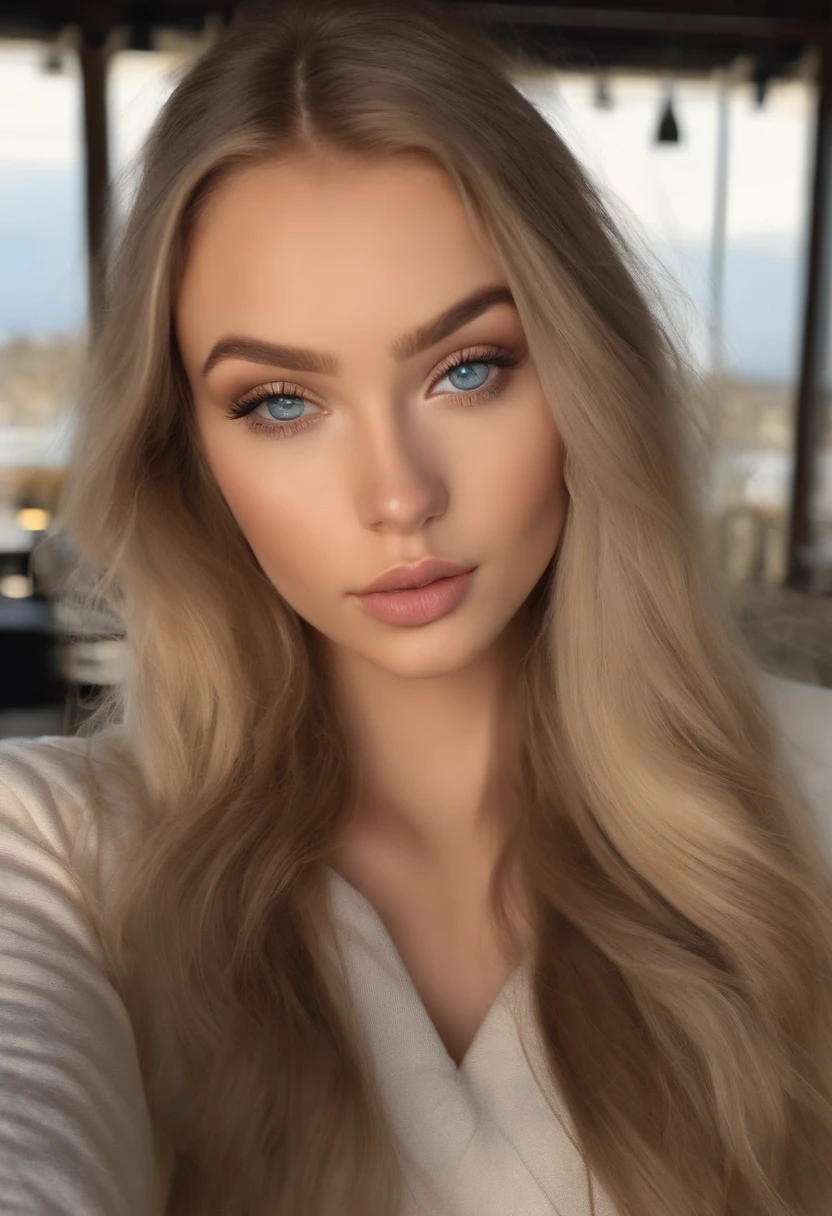 "Sexy girl with blue eyes, ultra-realistic, meticulously detailed portrait of Sophie Mudd, blonde hair and large eyes, selfie of a young woman, Violet Myers, without makeup, natural makeup, looking directly at the camera, face with artgram, subtle makeup, stunning full body shot. She is dressed elegantly but not provocatively, wearing a Nike hoodie, and is indoors at a bowling alley."
