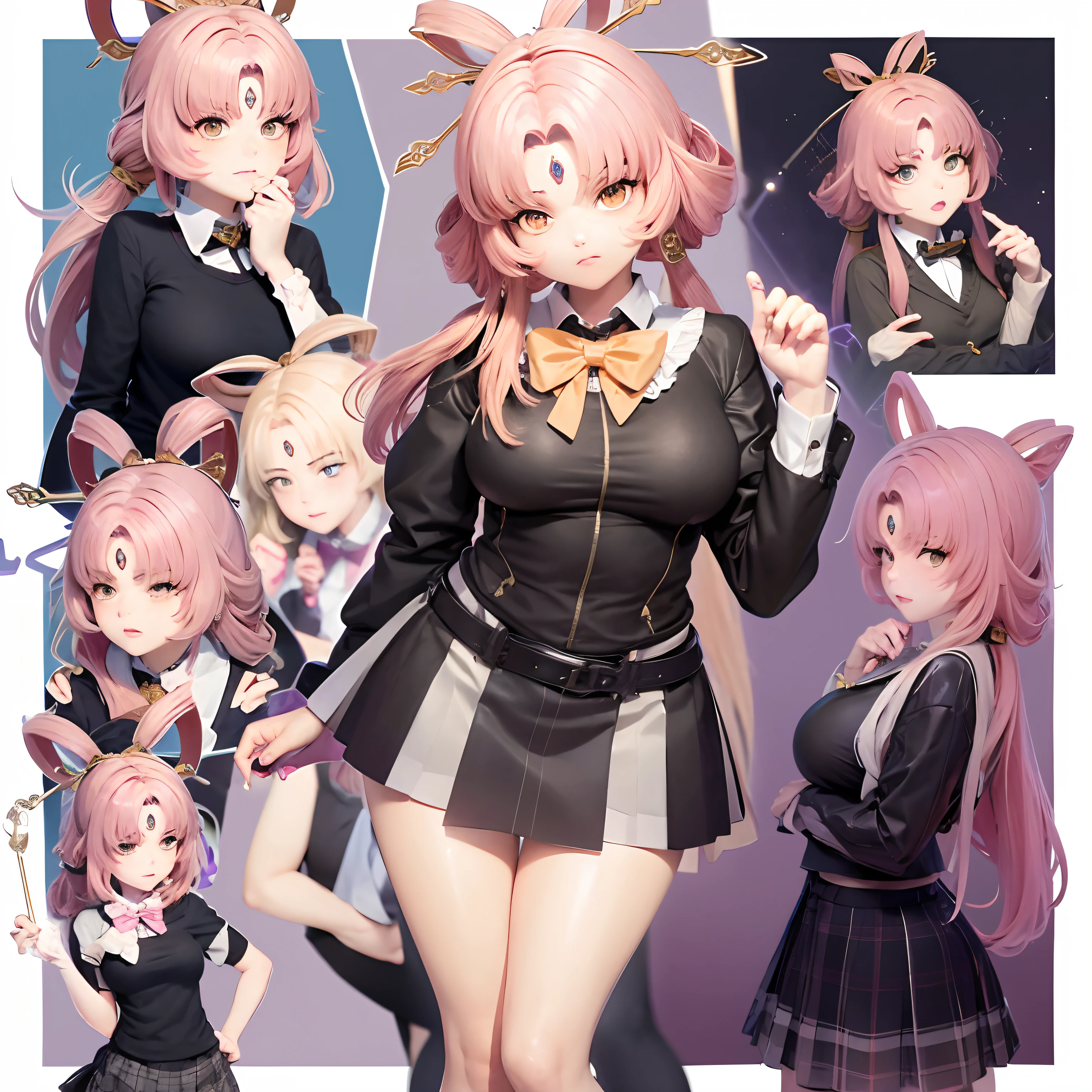 2D, tmasterpiece, best qualtiy, anime big breast, highly detailed, 1girll, 独奏, cowboy lens, Yotsuba Nakano, orange color hair, Hair Bow, Green bow tie, yellow sweater, collared shir, Green skirt, mini-skirts, mediuml breasts, standing on your feet, schools, exteriors, Close your eyes,Pout,V gesture