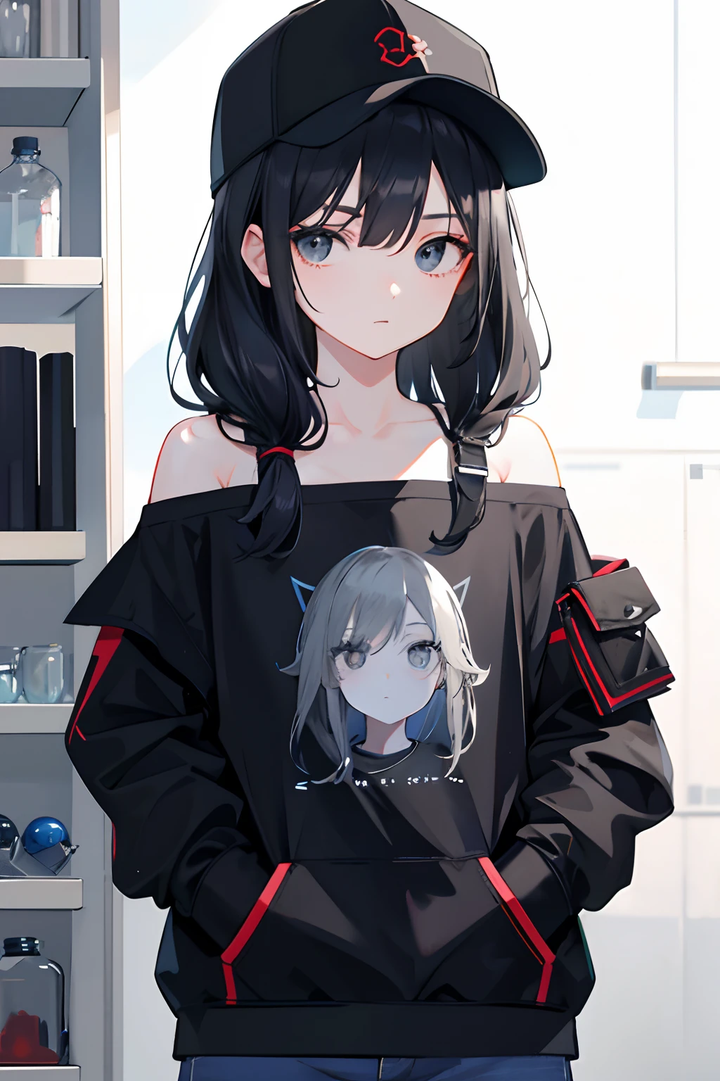 1girll，Back shadow，Sweatshirt，An off-the-shoulder garment，baseball cap，Alchemy Laboratory，the mystery of unknown territories，Put your hands in your pockets，Black hair，Shoulder-length hair，Black eyes，Game scene graph